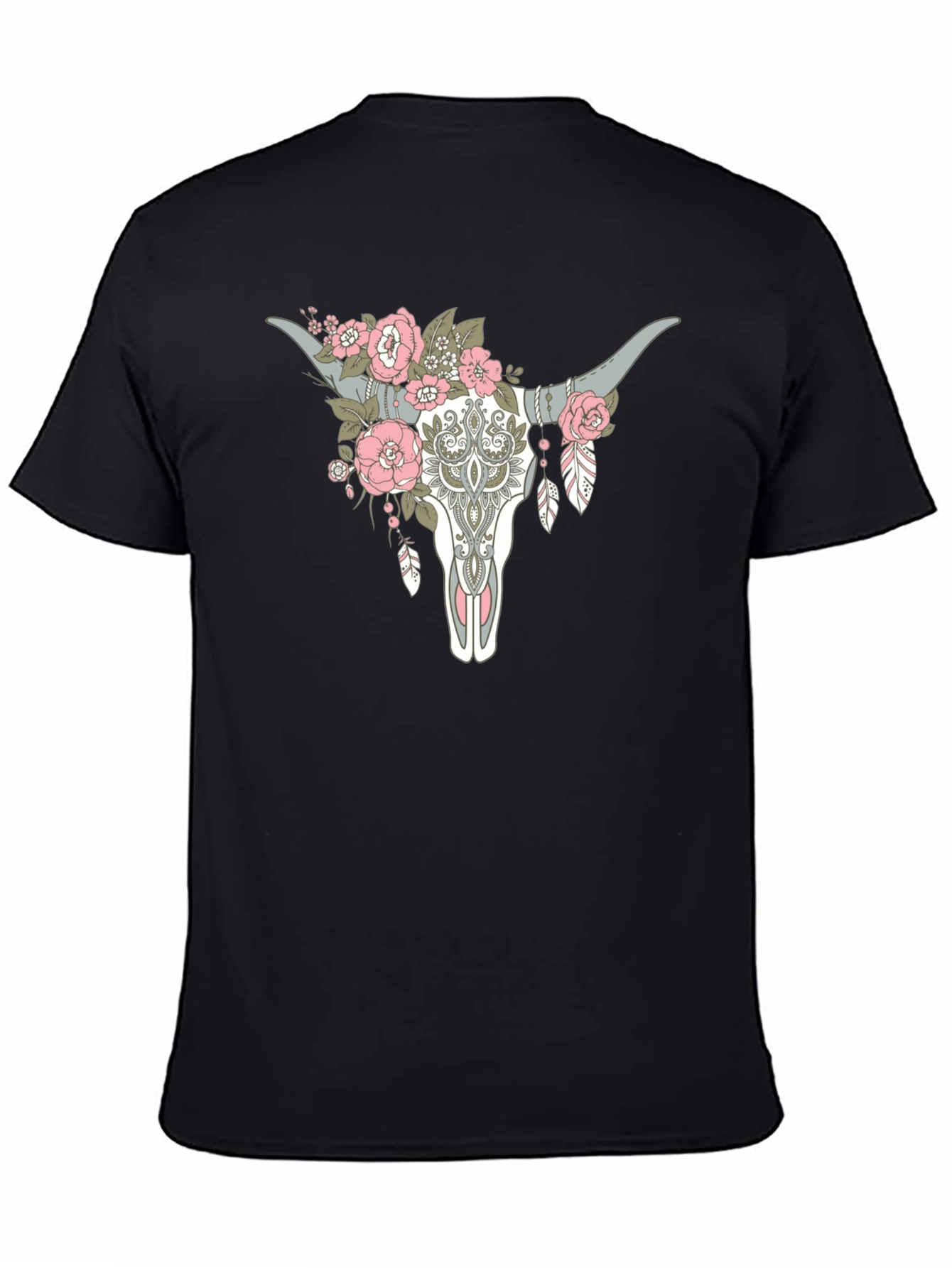 Floral Steer Skull Graphic Tee - Black