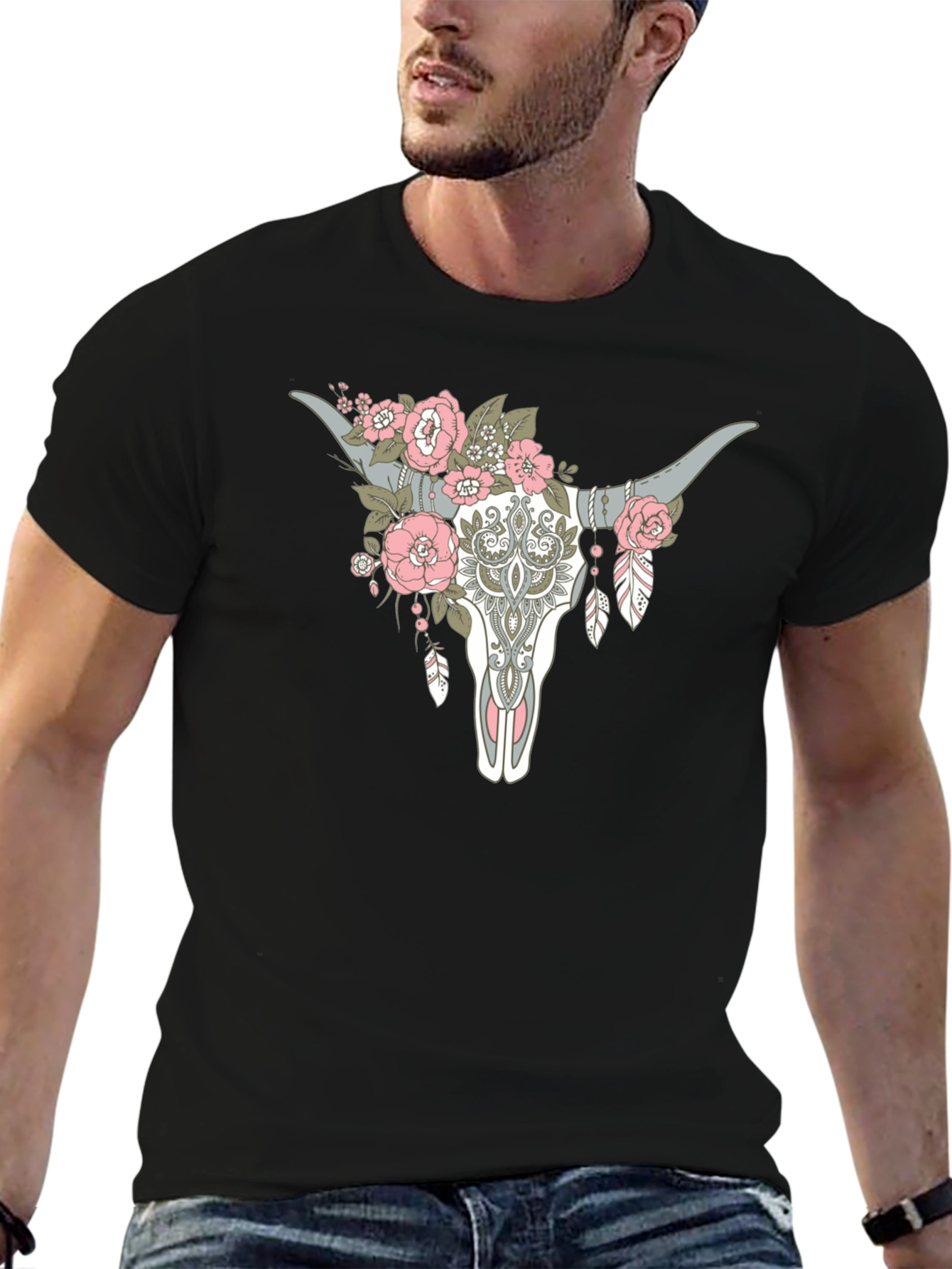 Floral Steer Skull Graphic Tee - Black