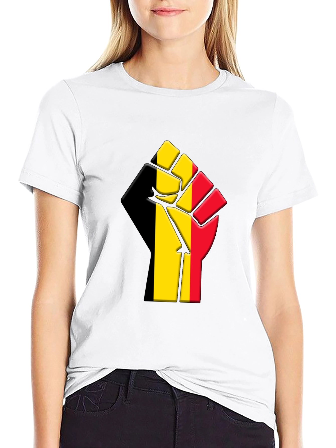 Belgium Flag Raised Fist T-Shirt - Black
