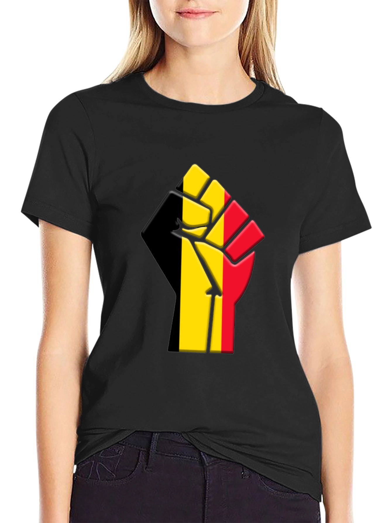 Belgium Flag Raised Fist T-Shirt - Black