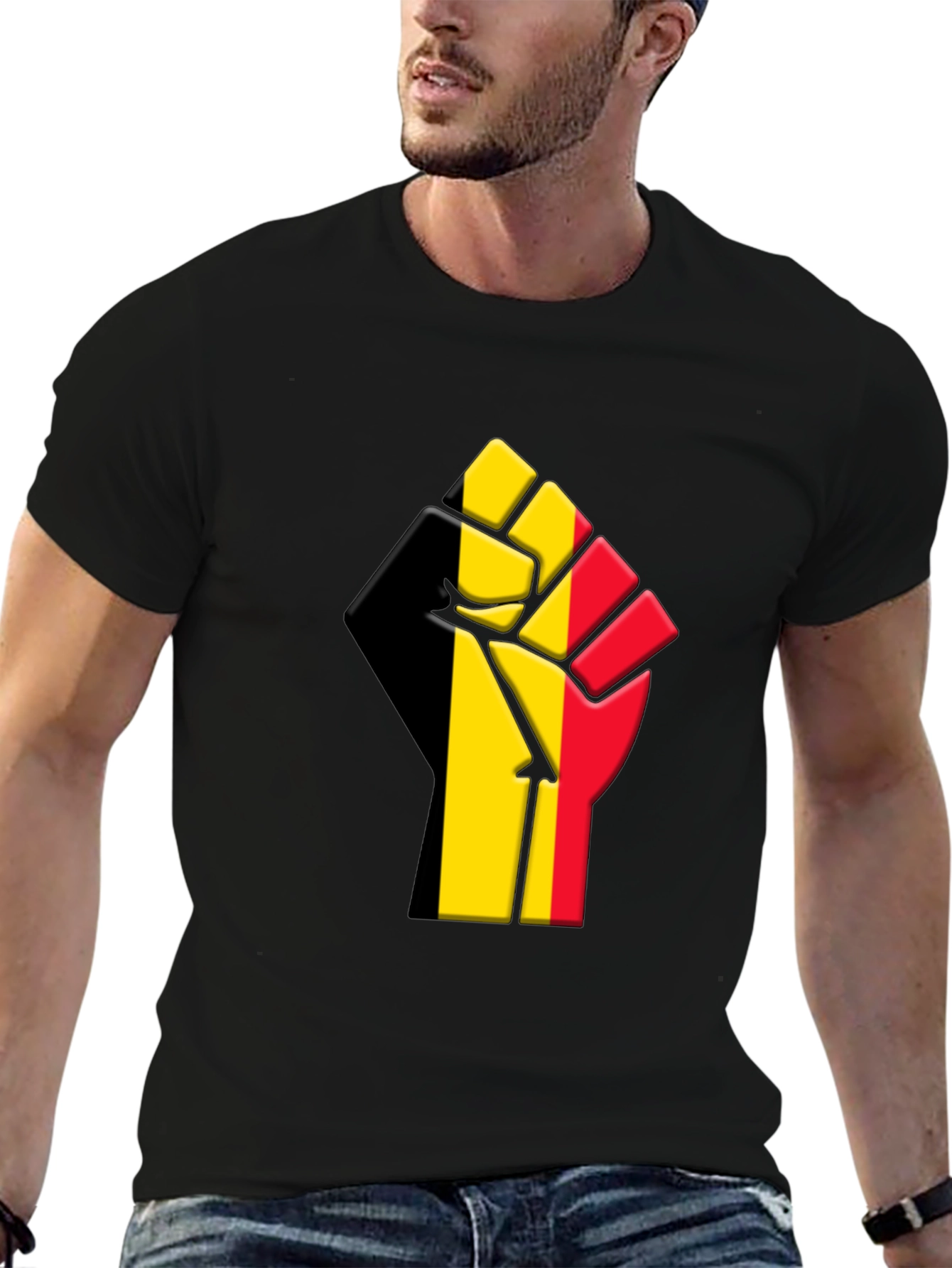 Belgium Flag Raised Fist T-Shirt - Black