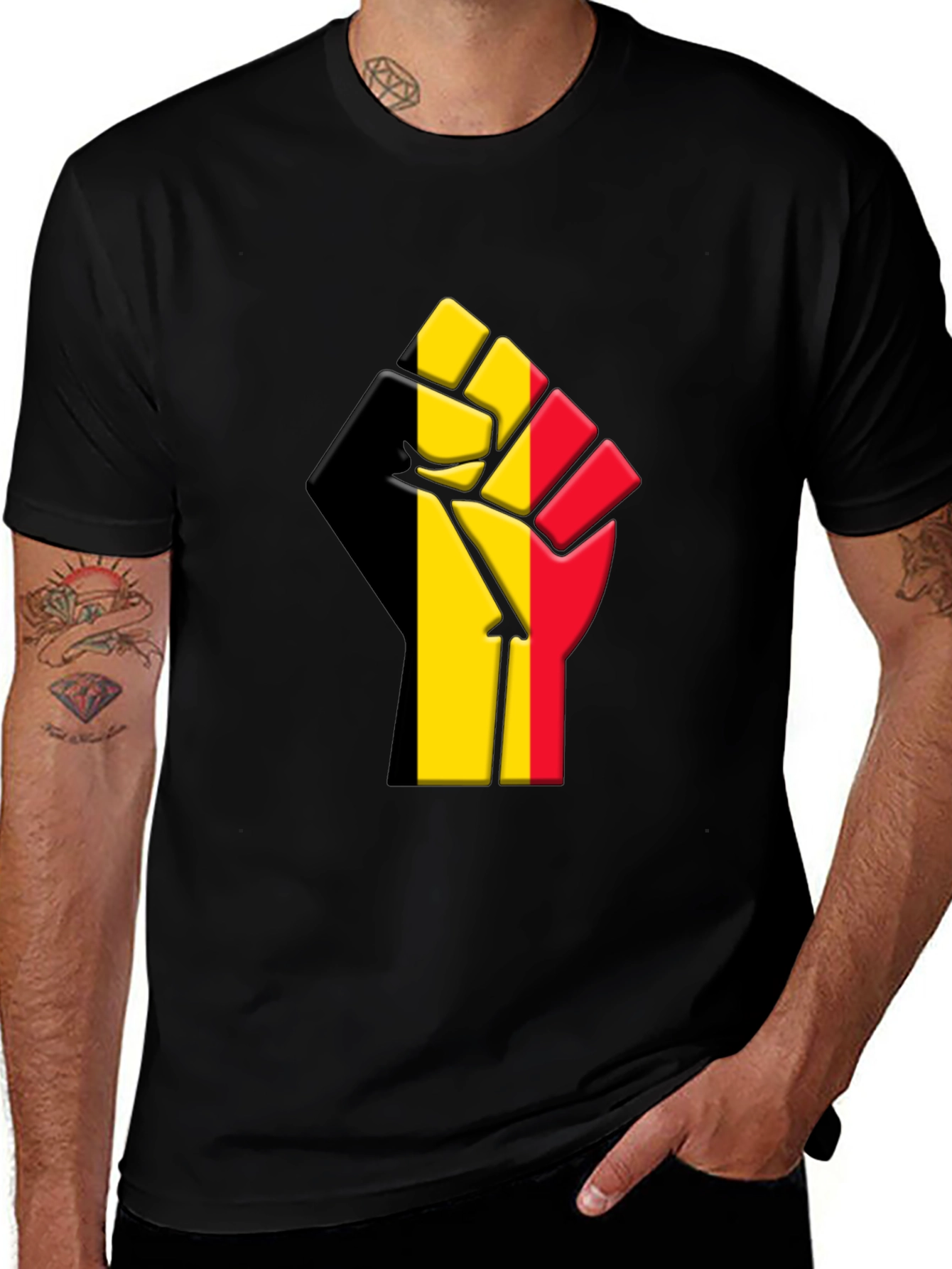 Belgium Flag Raised Fist T-Shirt - Black