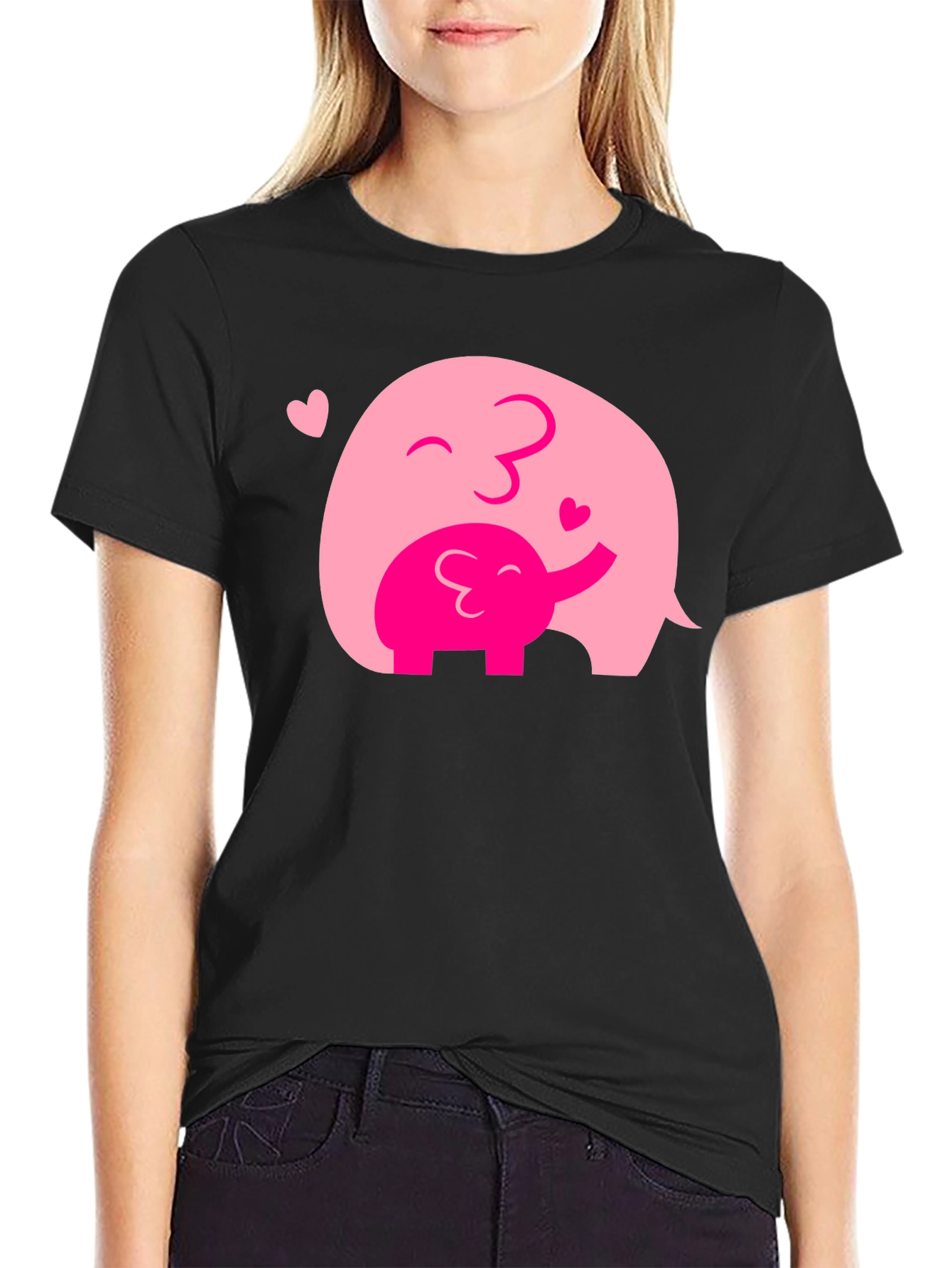 Elephant Mom & Baby Black T-Shirt - Heart Graphic