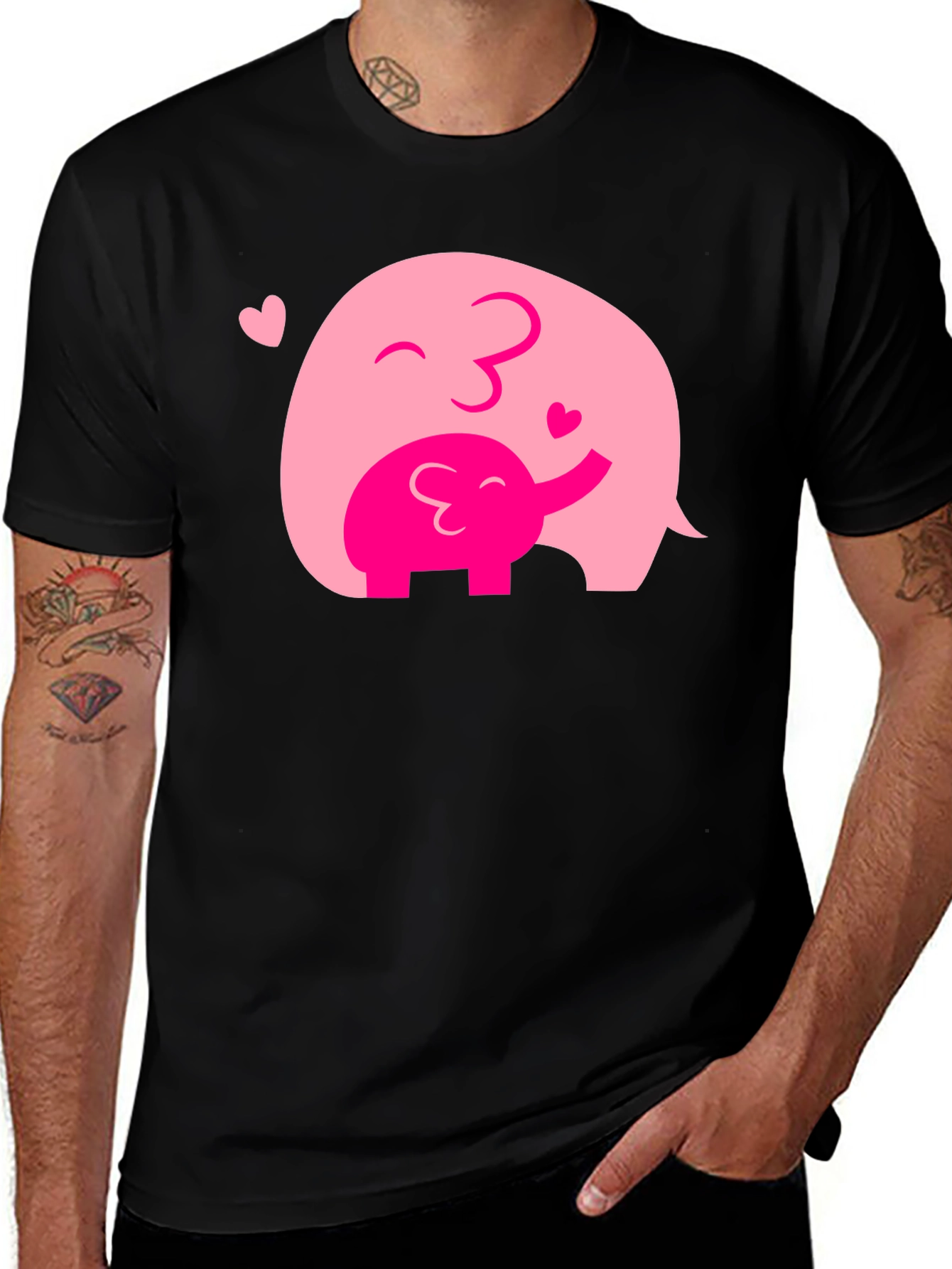 Elephant Mom & Baby Black T-Shirt - Heart Graphic