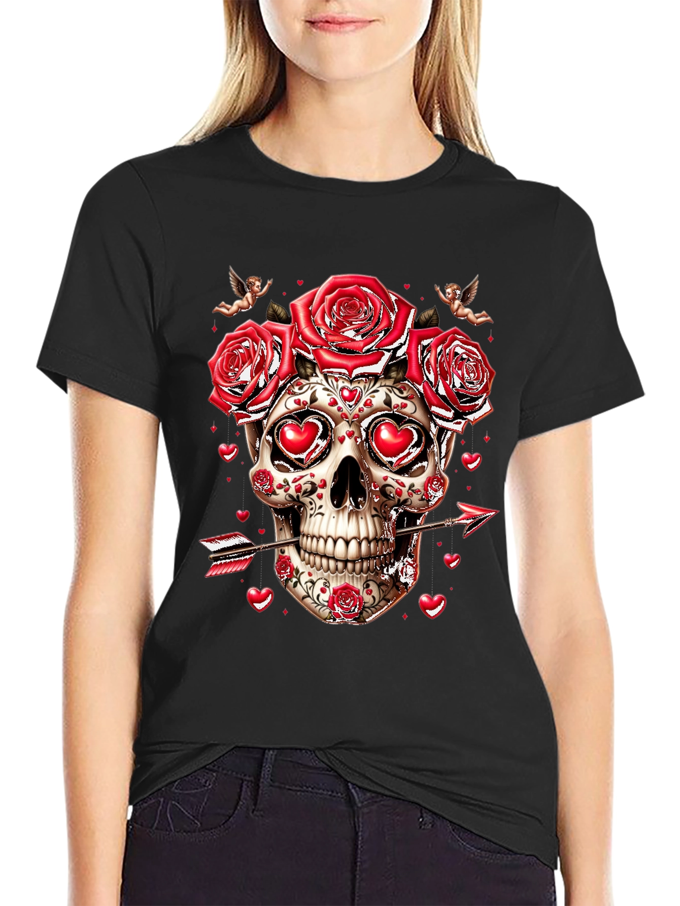 Valentines Skull T-Shirt - Roses & Cupid Arrow