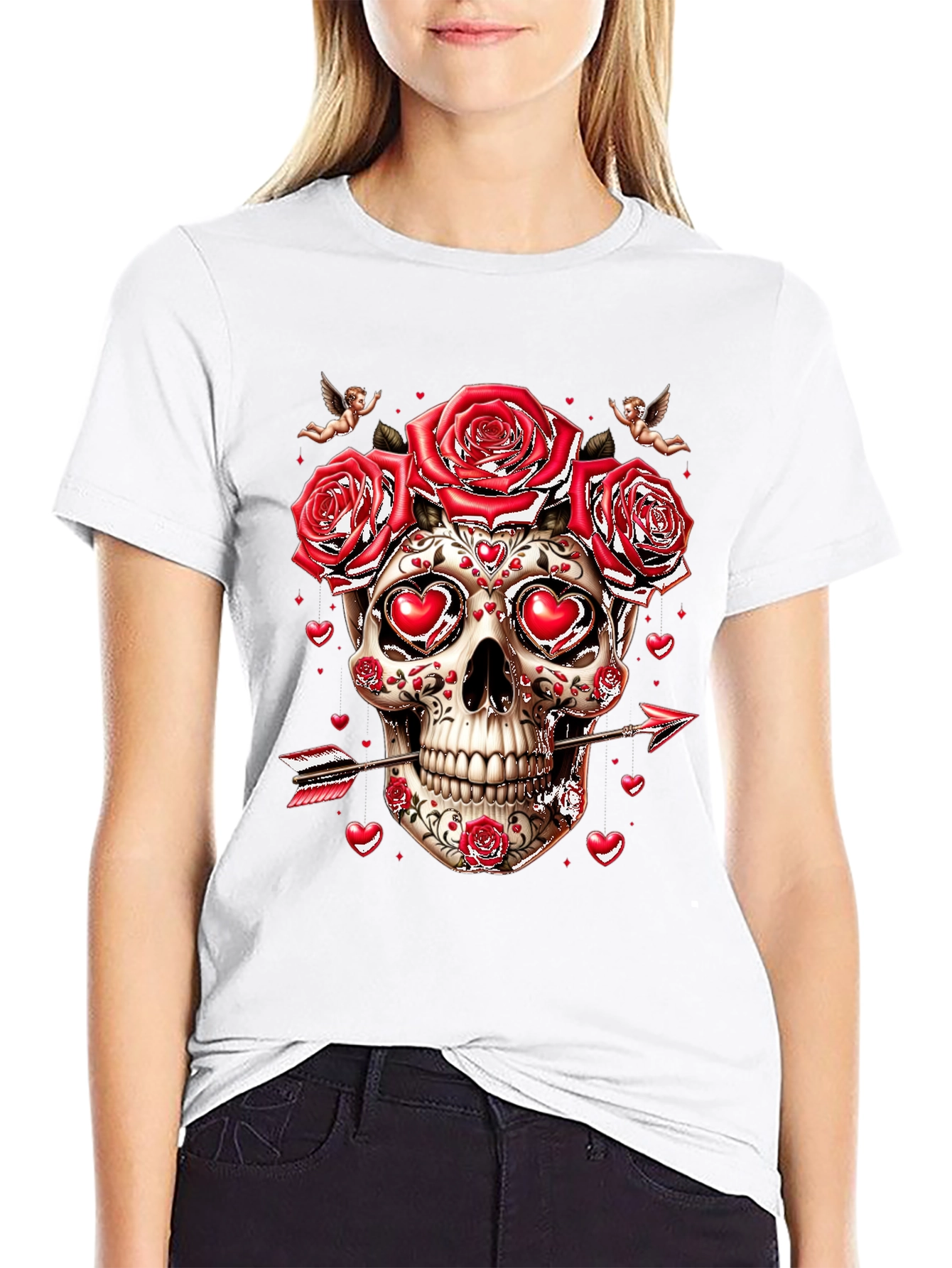 Valentines Skull T-Shirt - Roses & Cupid Arrow