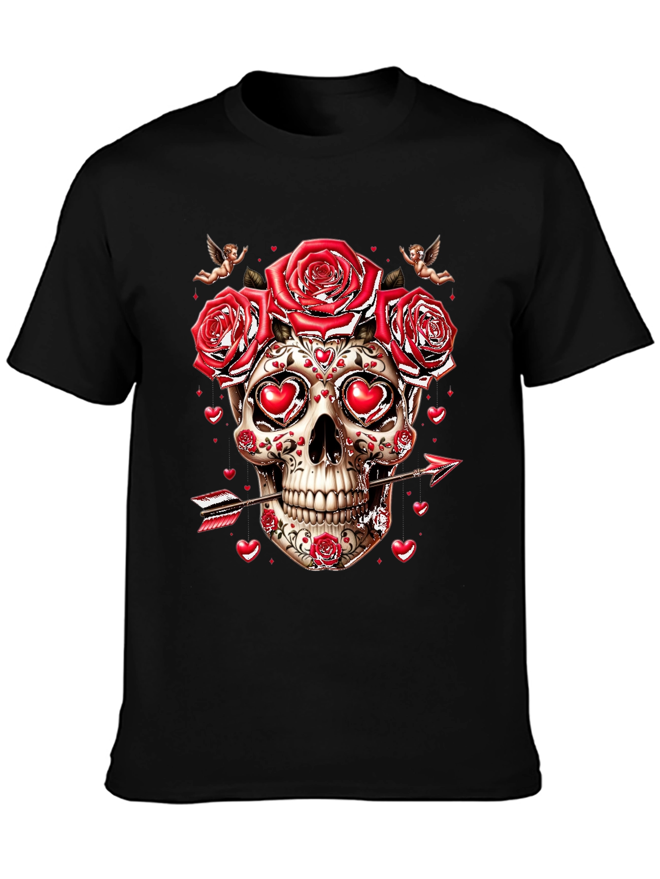 Valentines Skull T-Shirt - Roses & Cupid Arrow