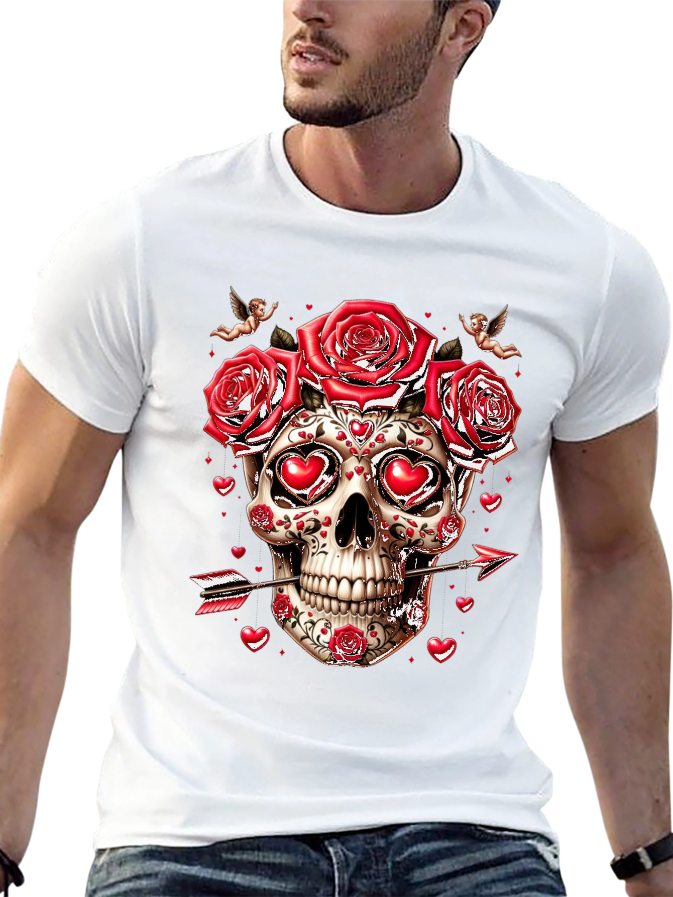 Valentines Skull T-Shirt - Roses & Cupid Arrow