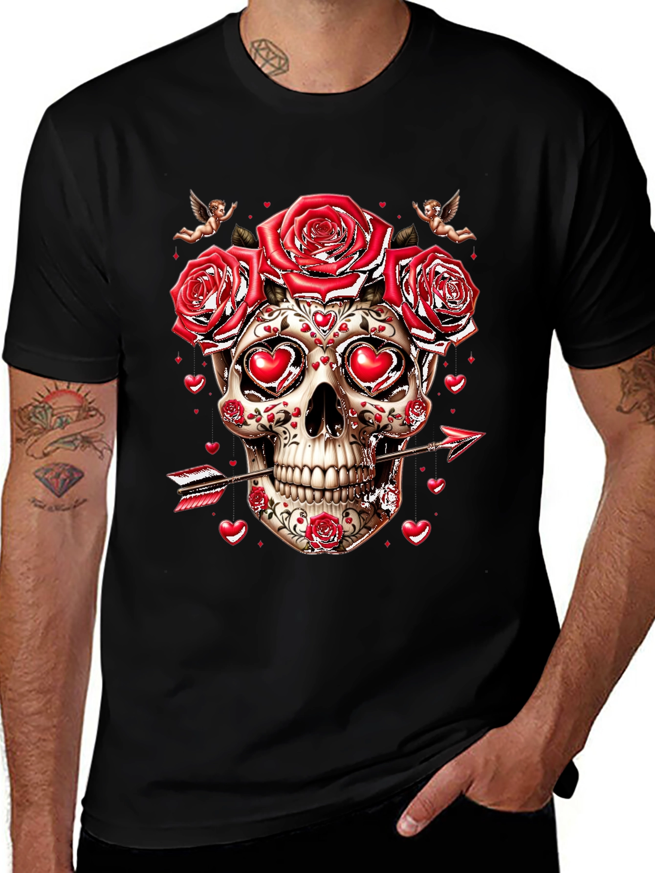 Valentines Skull T-Shirt - Roses & Cupid Arrow