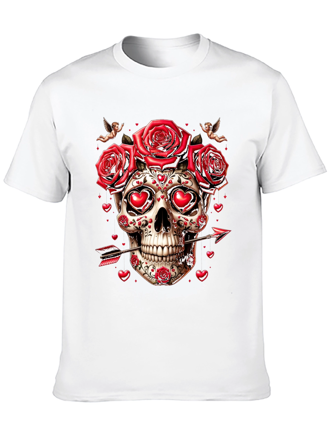 Valentines Skull T-Shirt - Roses & Cupid Arrow