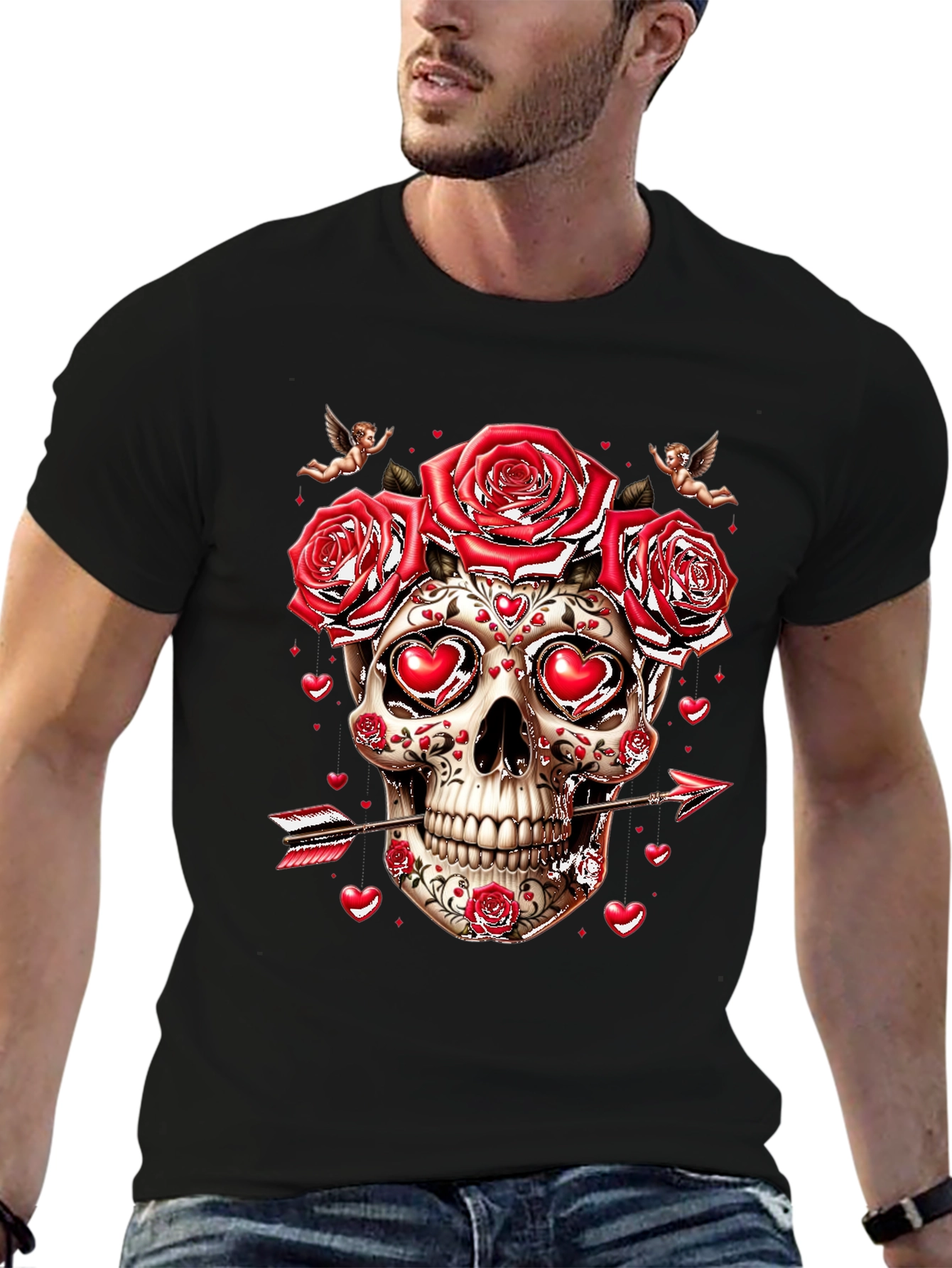 Valentines Skull T-Shirt - Roses & Cupid Arrow