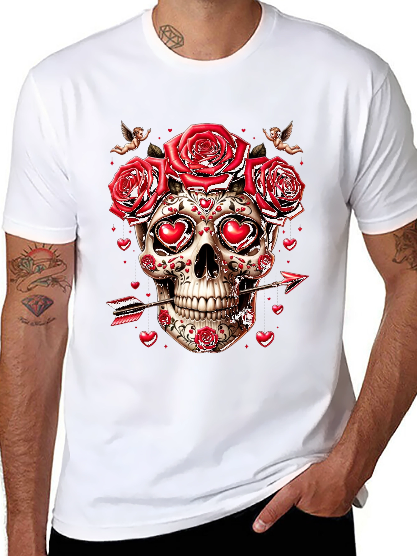 Valentines Skull T-Shirt - Roses & Cupid Arrow