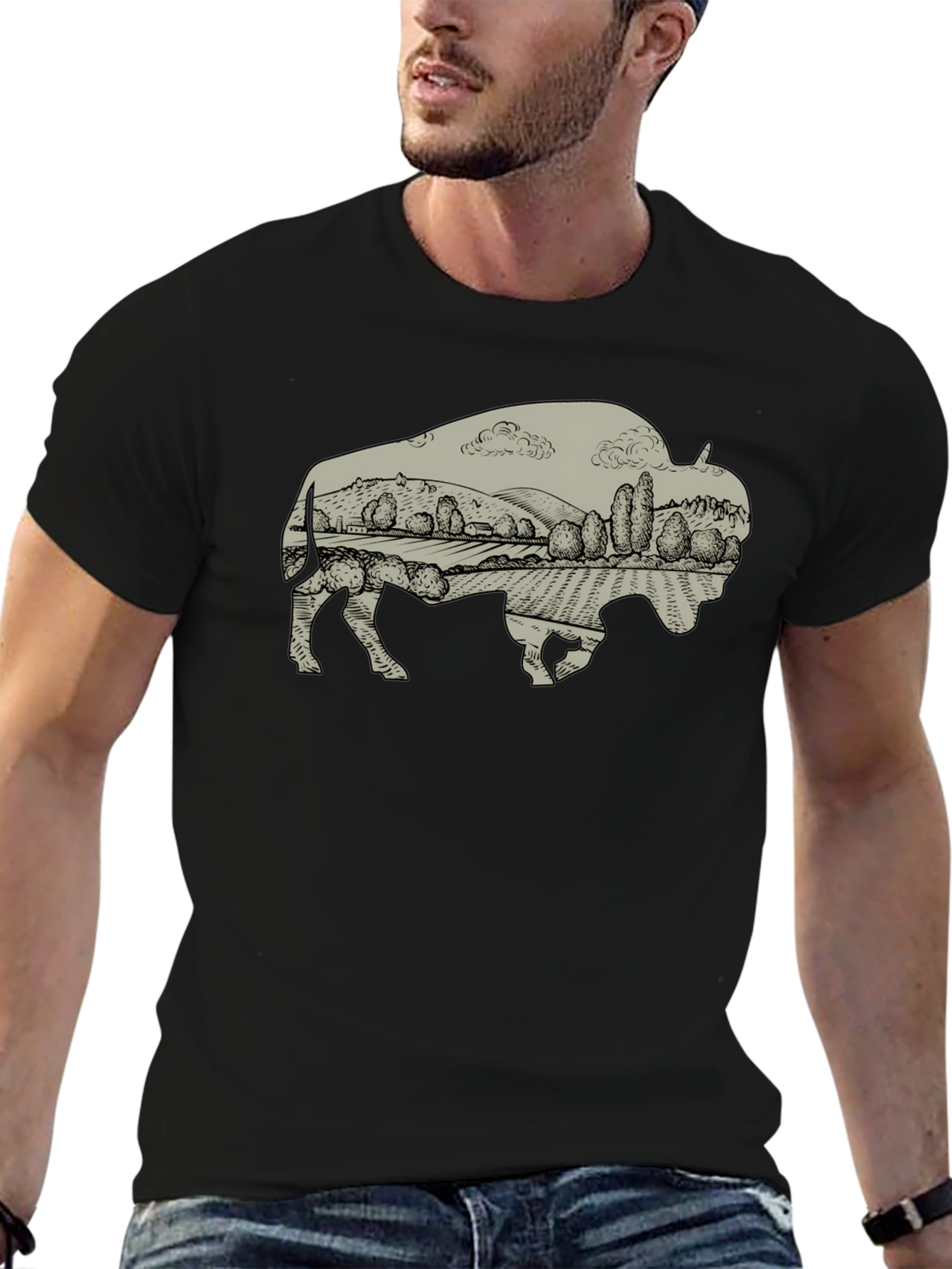 Bison Landscape Graphic T-Shirt - Casual Style