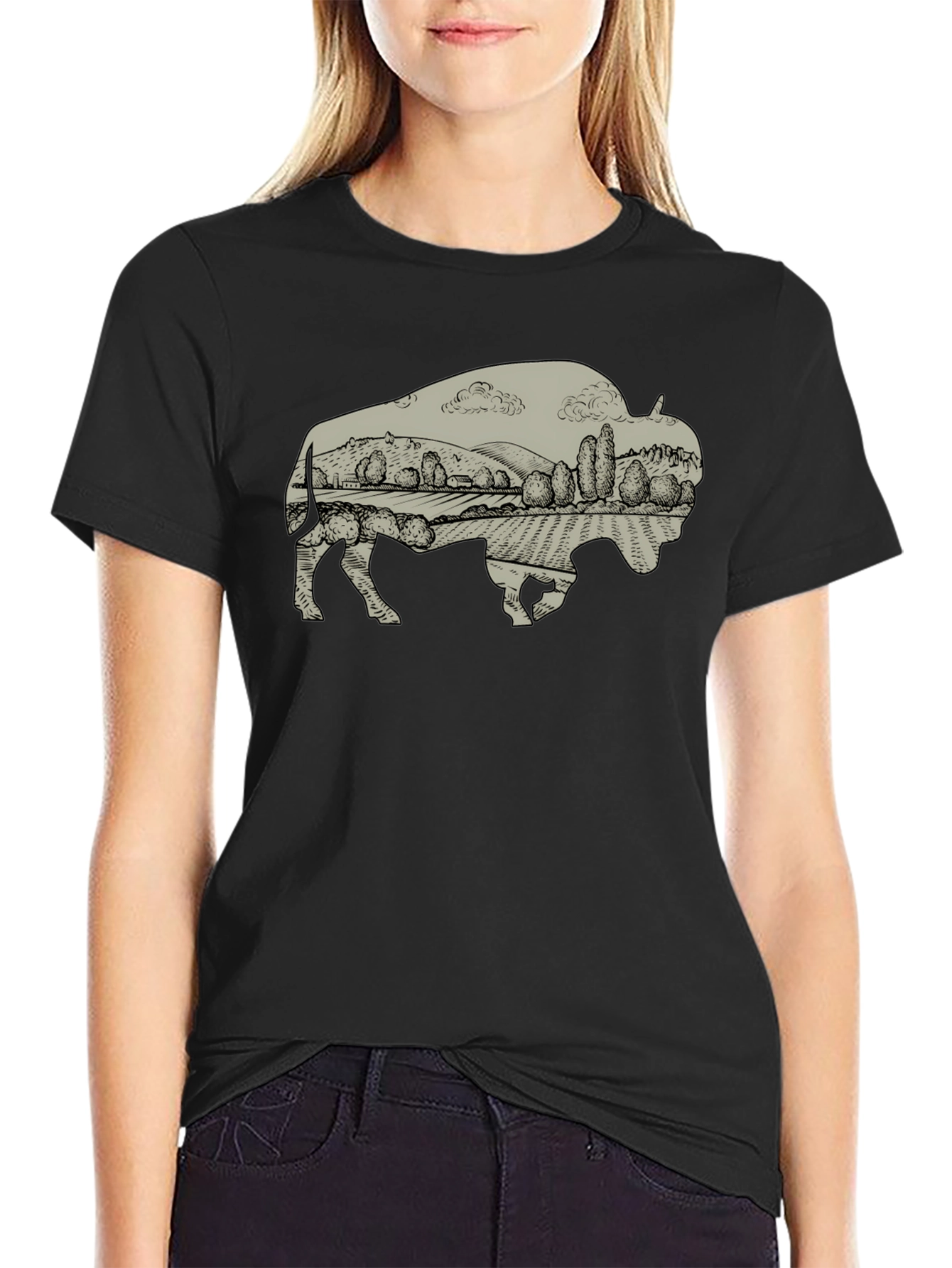 Bison Landscape Graphic T-Shirt - Casual Style