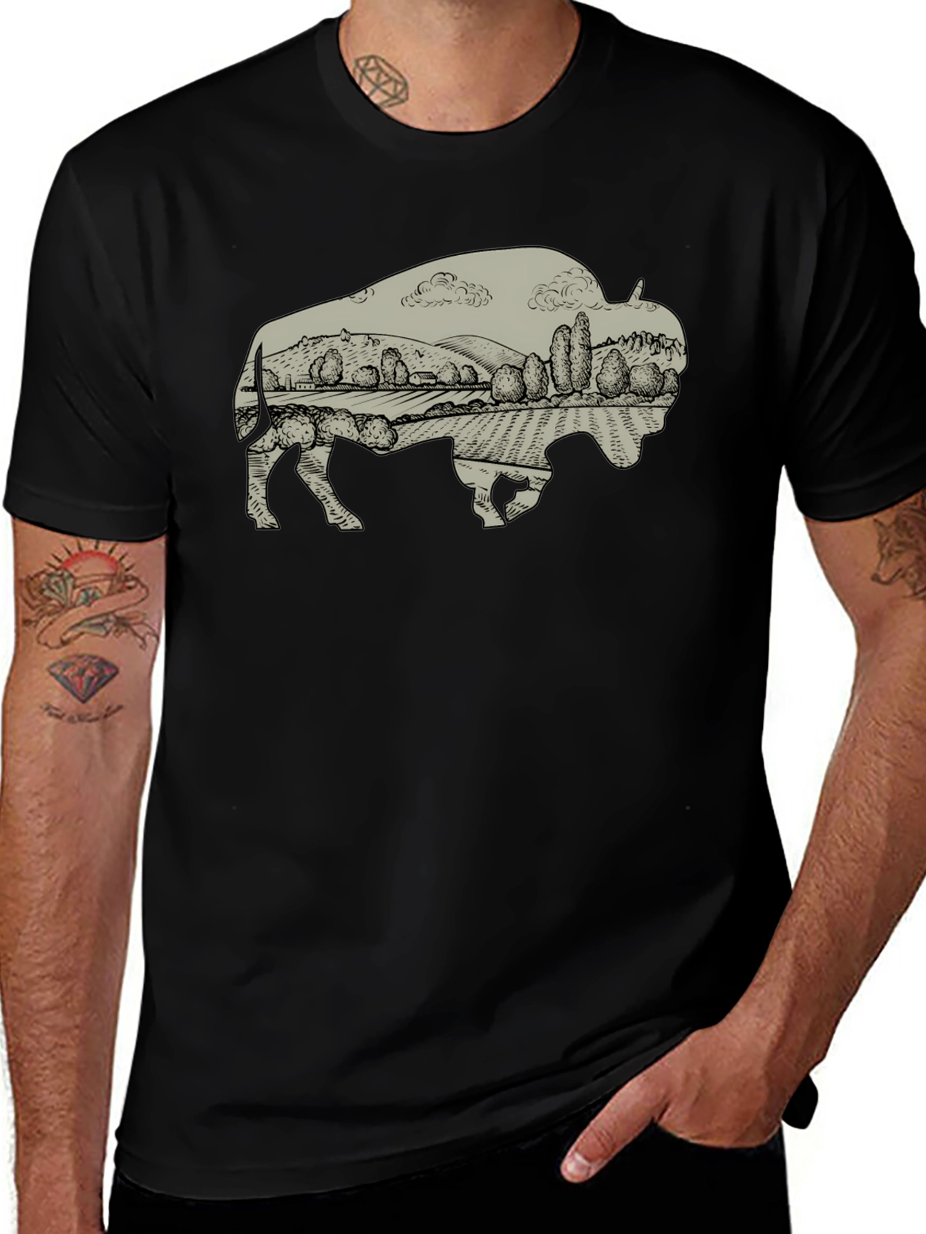 Bison Landscape Graphic T-Shirt - Casual Style