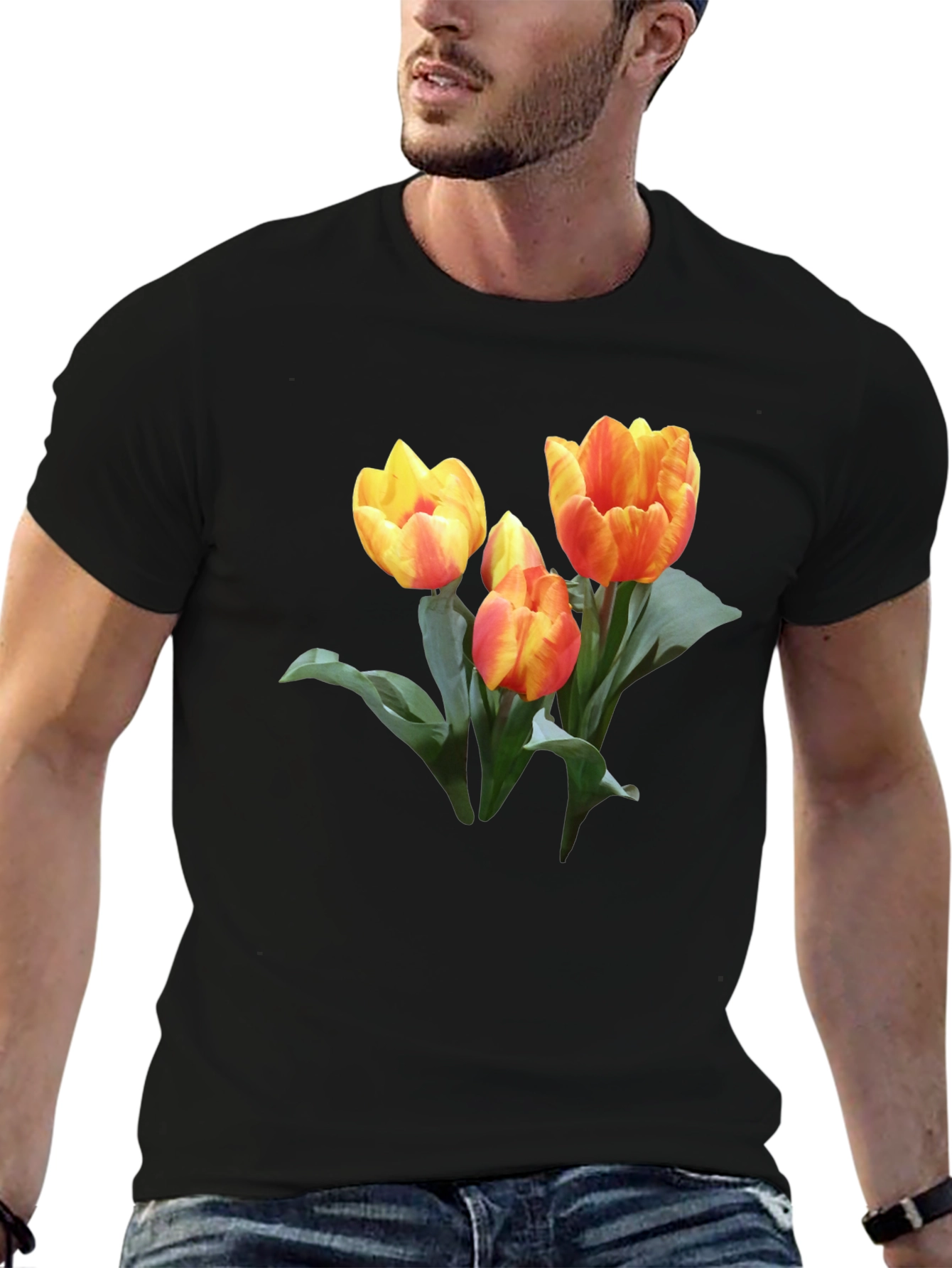 Tulip Graphic Print Black Casual T-Shirt