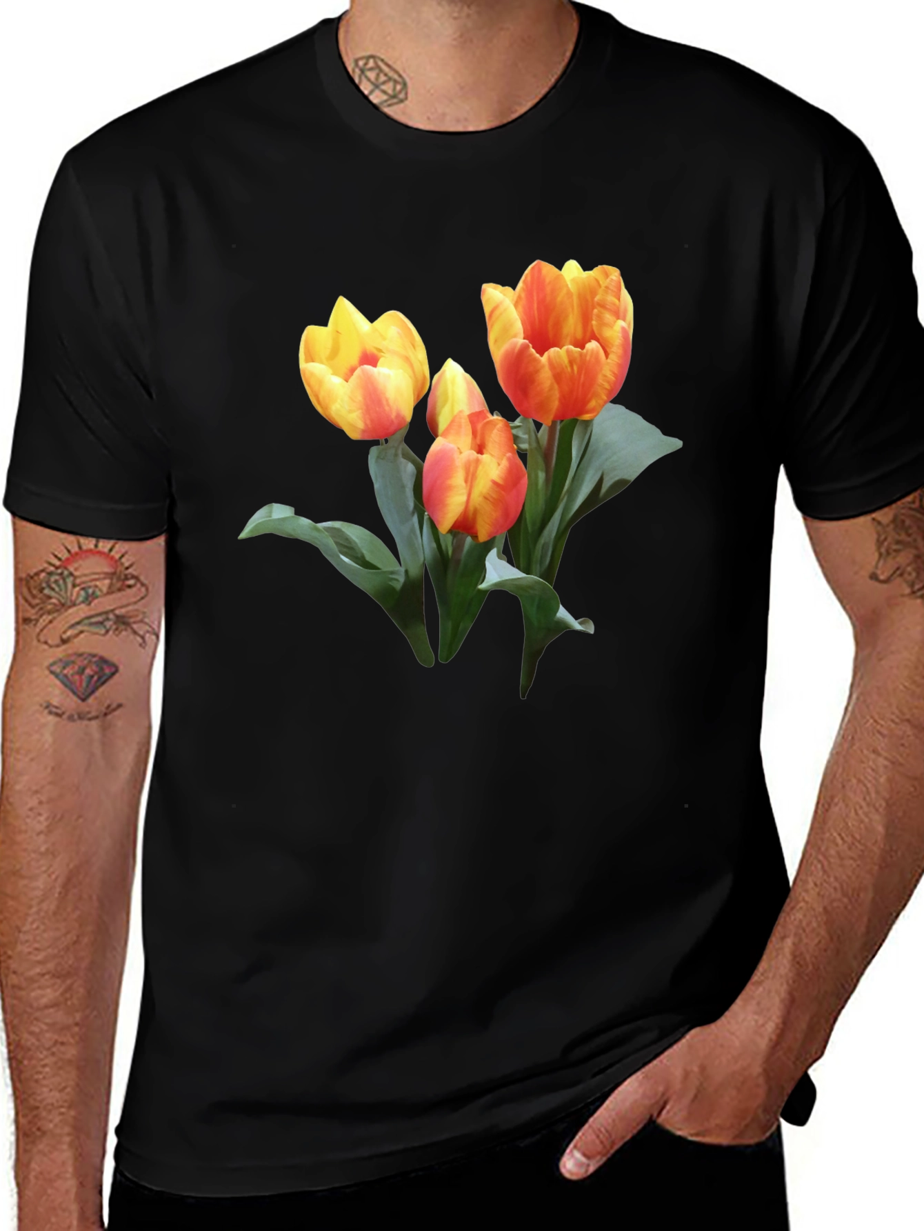 Tulip Graphic Print Black Casual T-Shirt