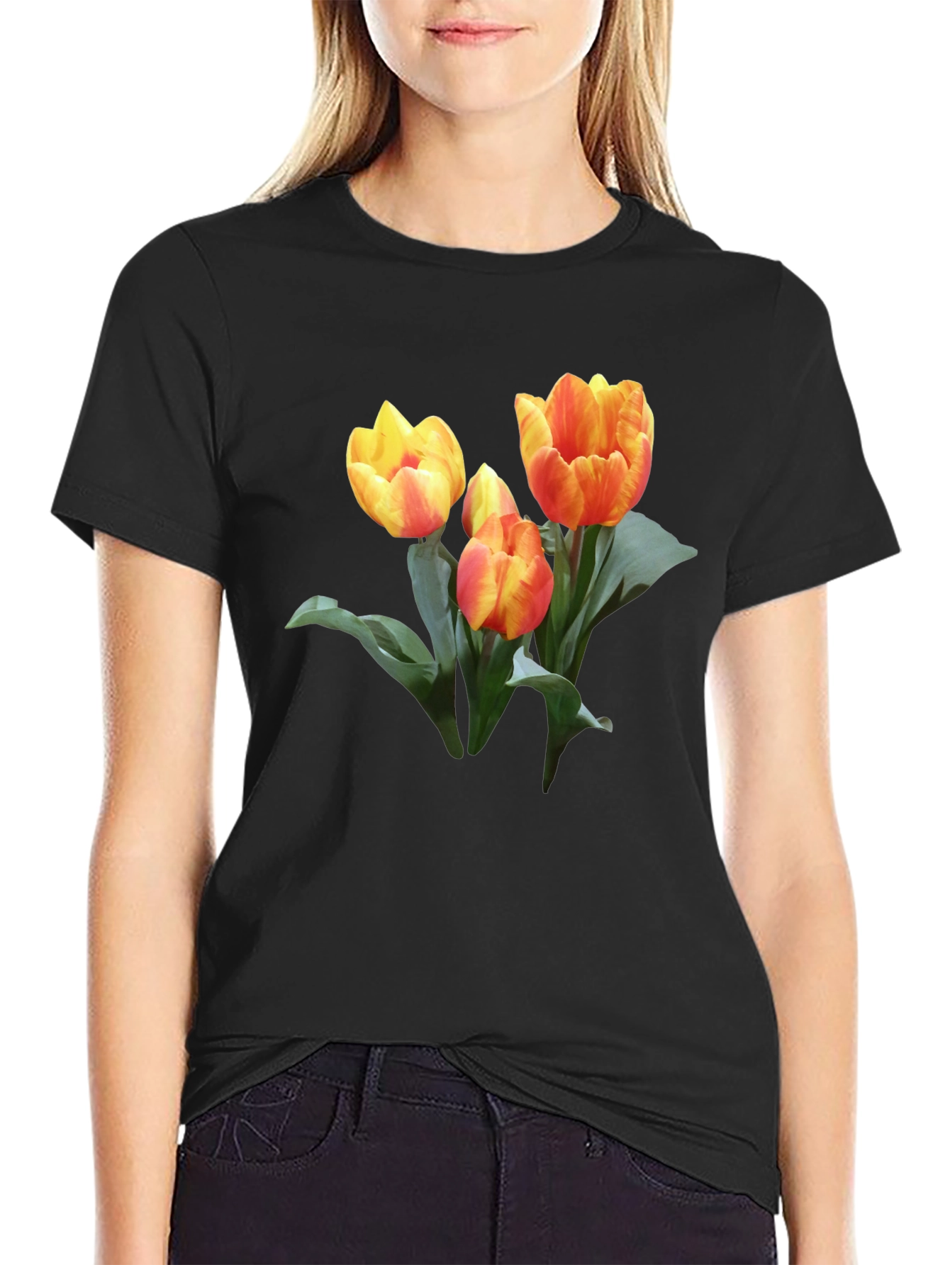 Tulip Graphic Print Black Casual T-Shirt