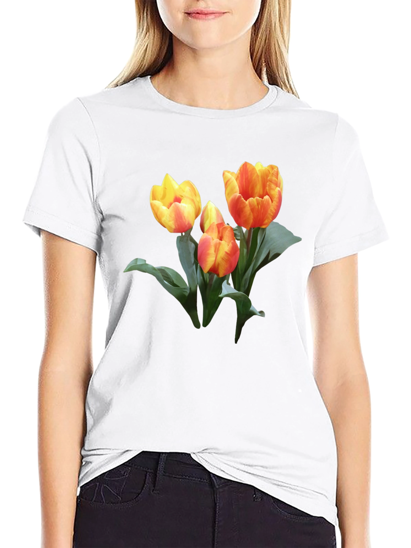 Tulip Graphic Print Black Casual T-Shirt