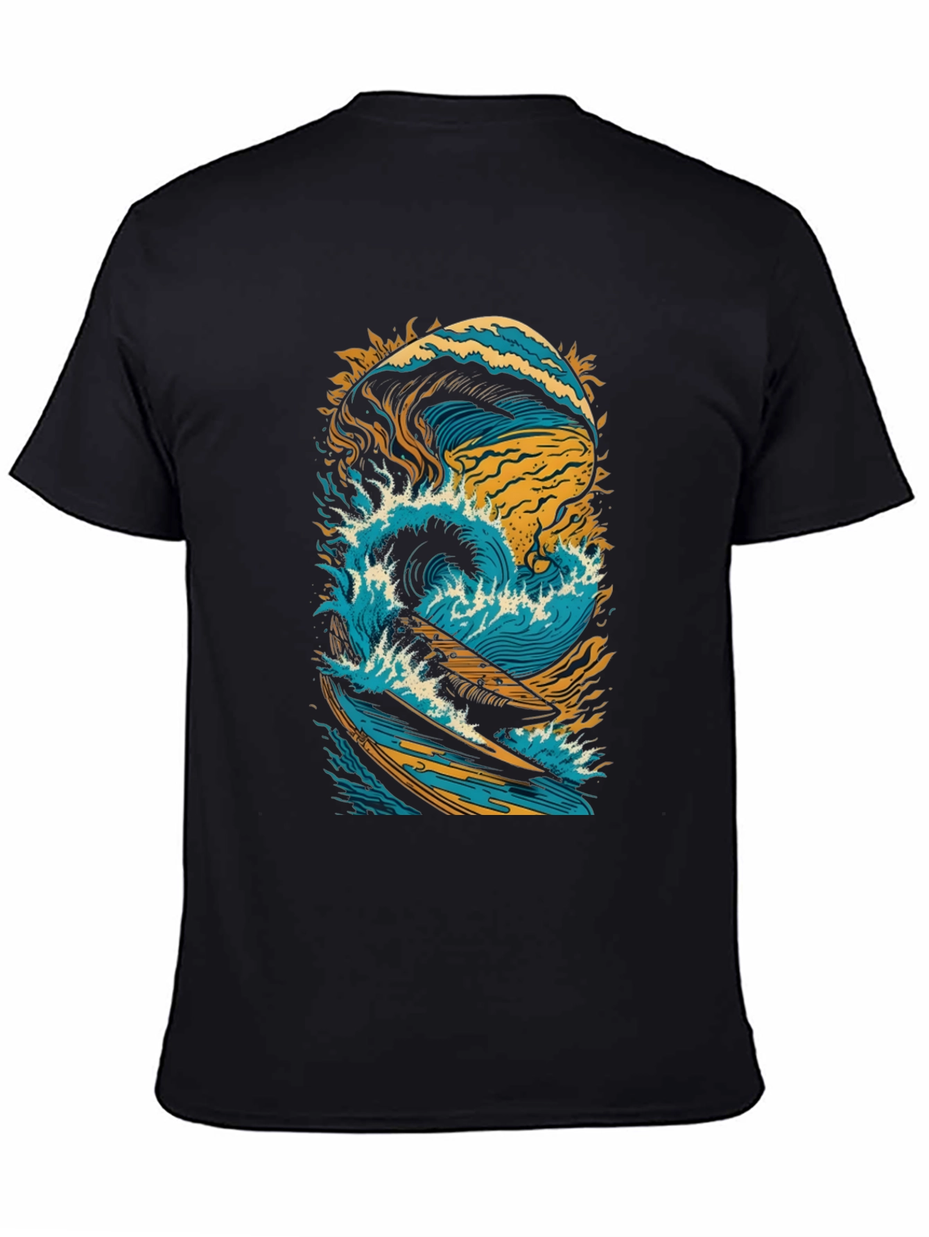 Surfing Wave Graphic Tee - Black Cotton Shirt