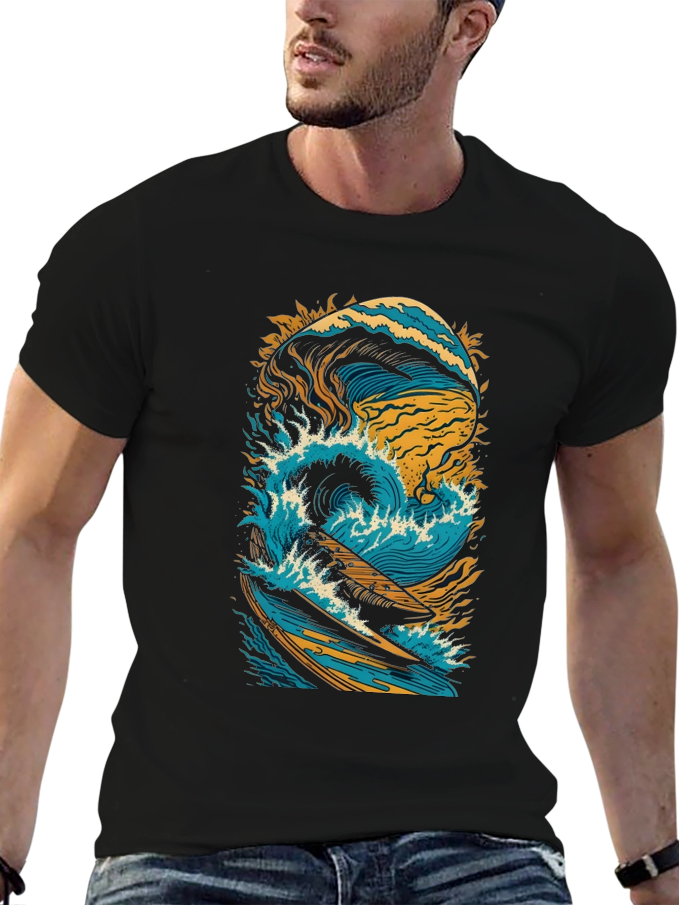 Surfing Wave Graphic Tee - Black Cotton Shirt