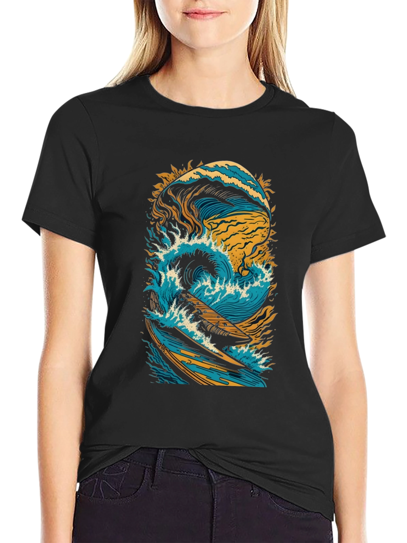 Surfing Wave Graphic Tee - Black Cotton Shirt