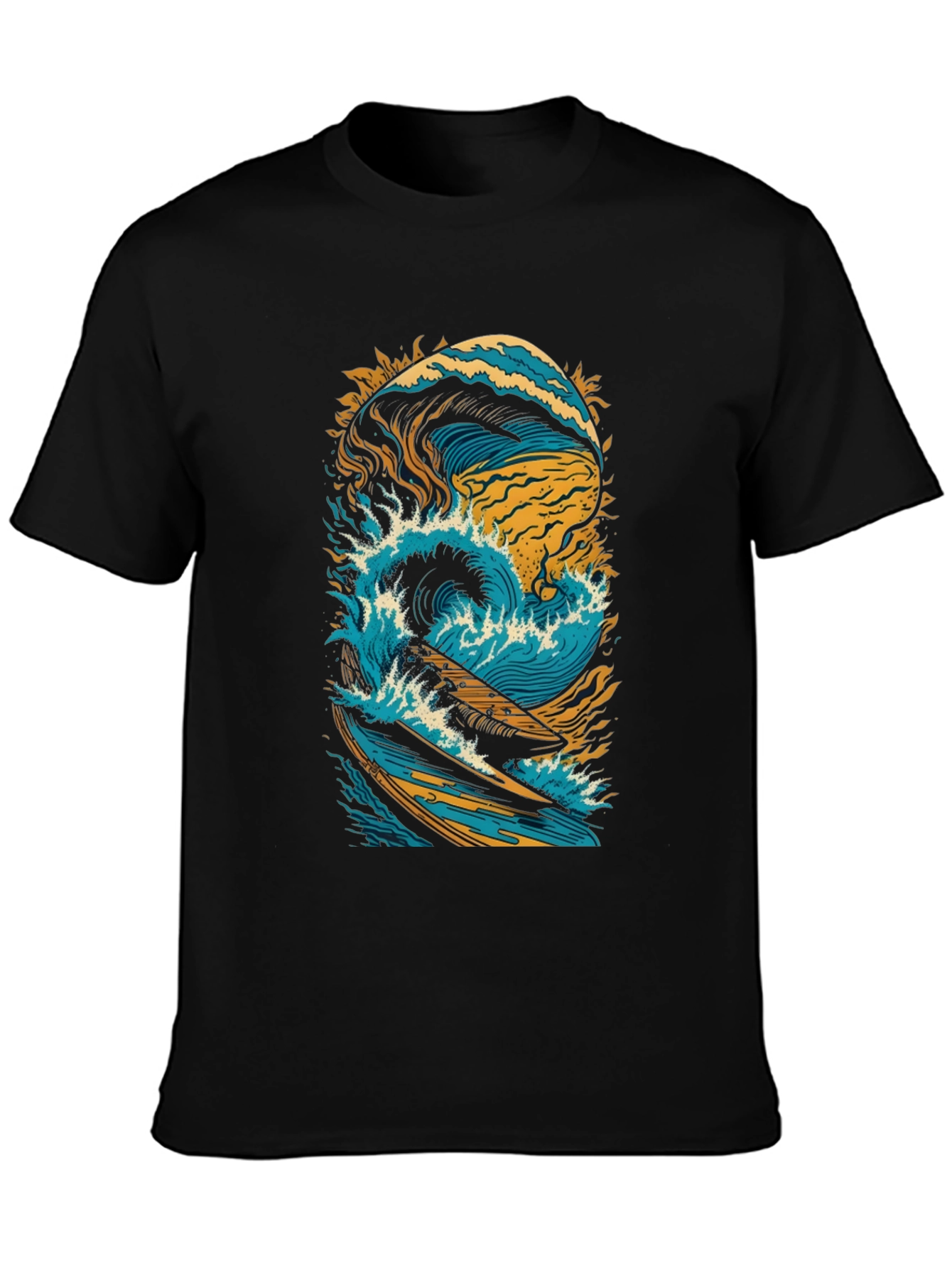 Surfing Wave Graphic Tee - Black Cotton Shirt