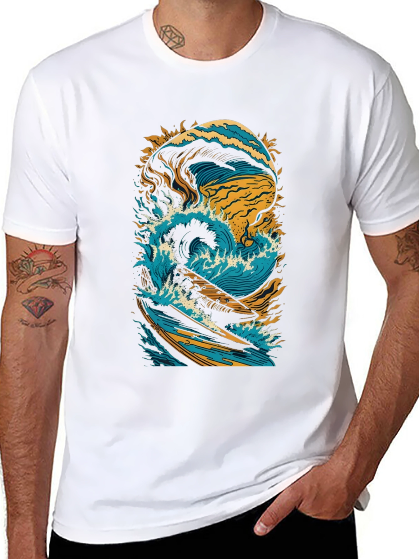 Surfing Wave Graphic Tee - Black Cotton Shirt