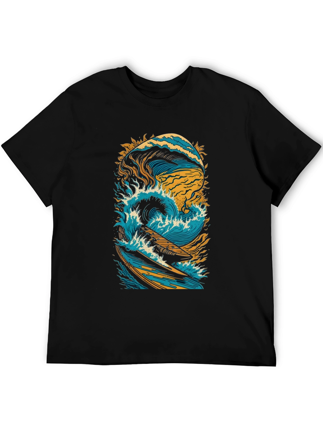 Surfing Wave Graphic Tee - Black Cotton Shirt
