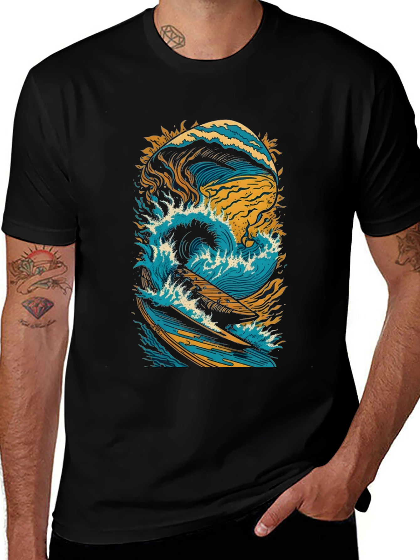 Surfing Wave Graphic Tee - Black Cotton Shirt