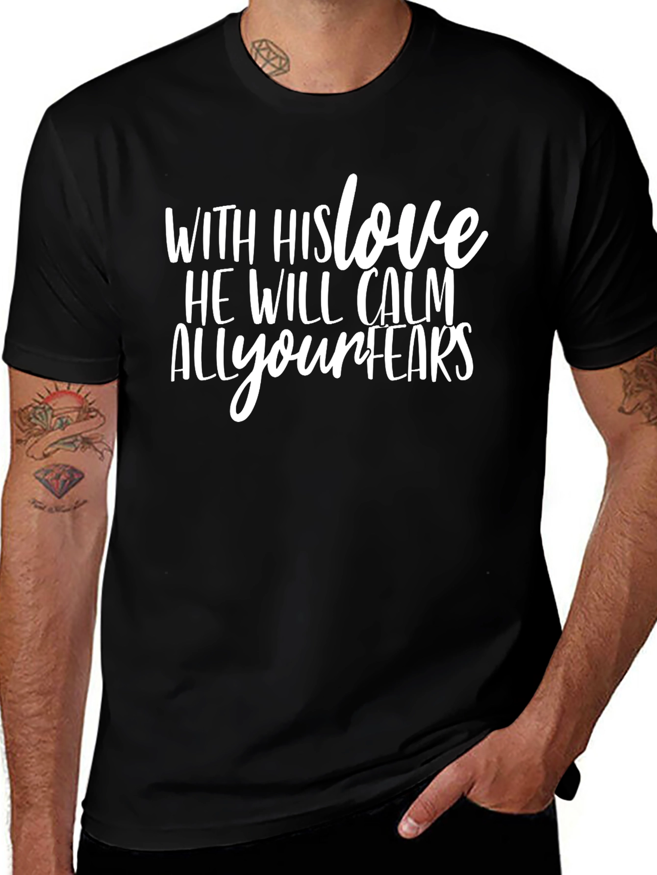 Faith-Inspired Black T-Shirt: With His Love He Will Calm