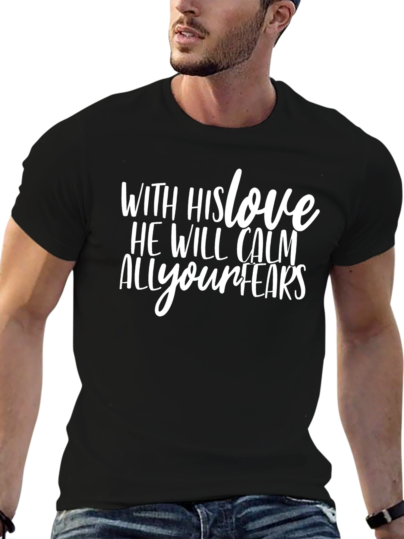 Faith-Inspired Black T-Shirt: With His Love He Will Calm