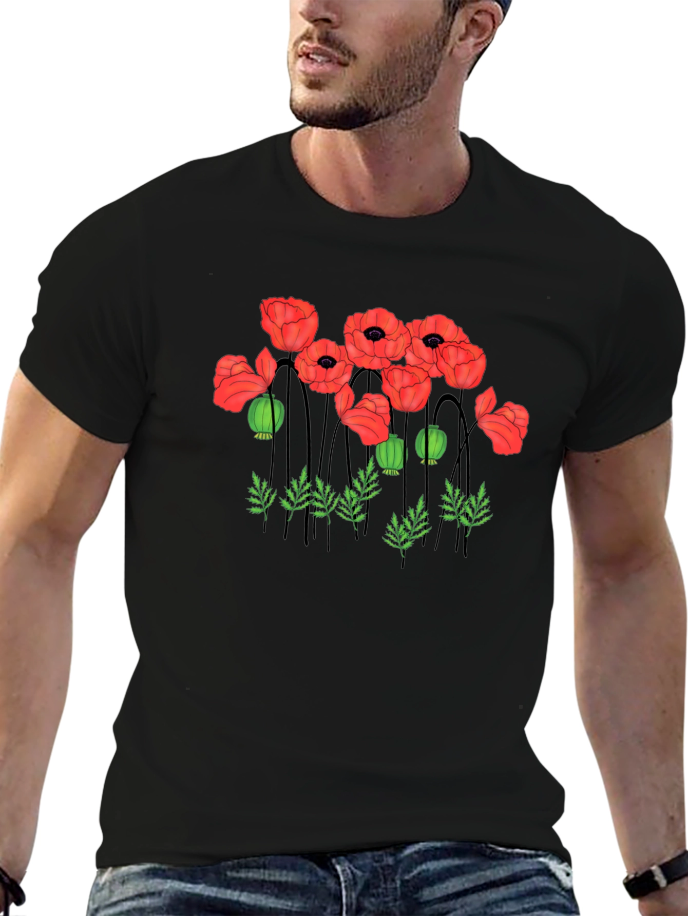 Poppy Print Black T-Shirt