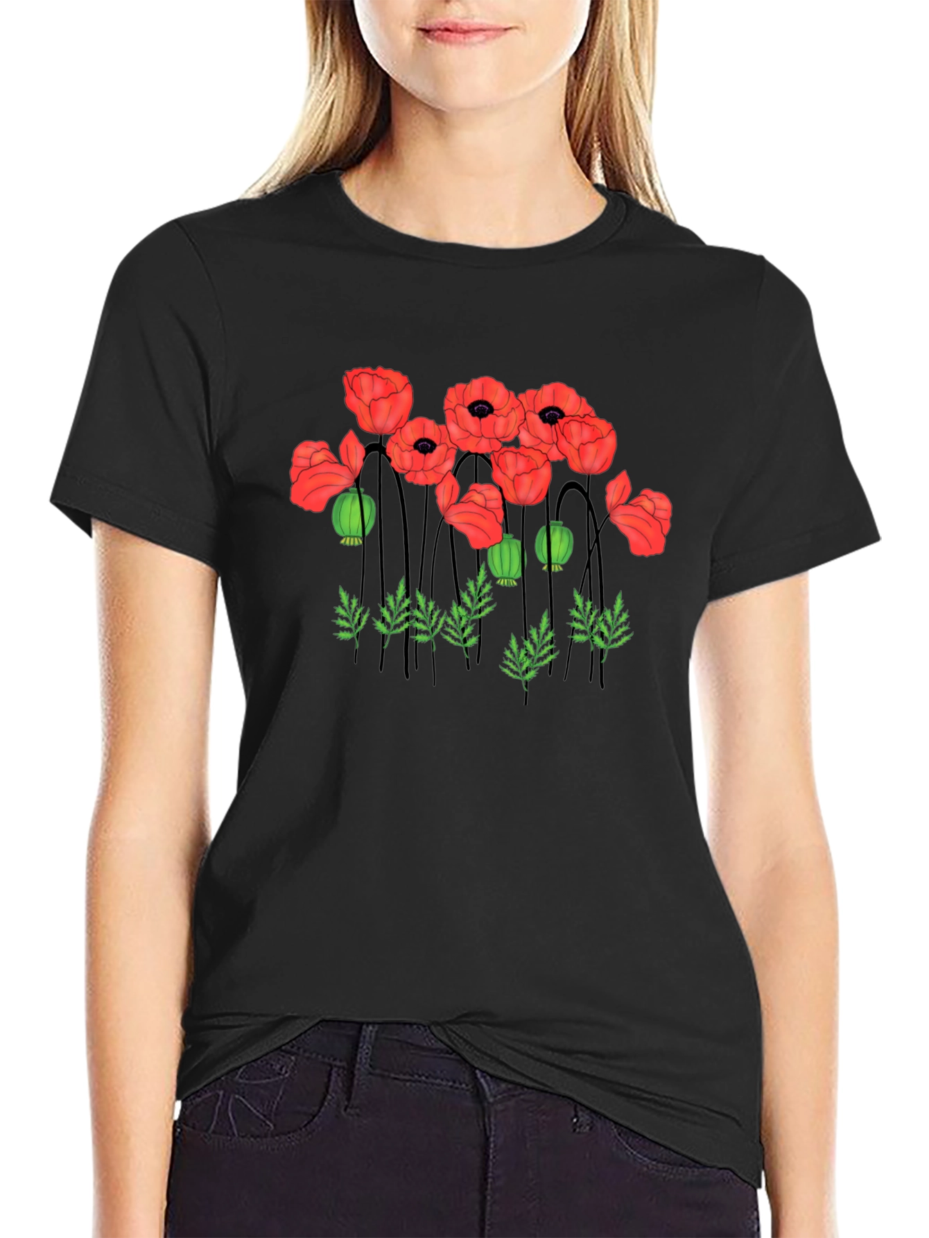 Poppy Print Black T-Shirt
