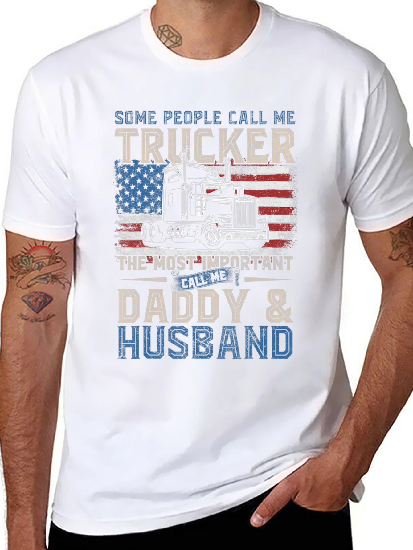 Trucker Daddy Husband T-Shirt - Patriotic Design