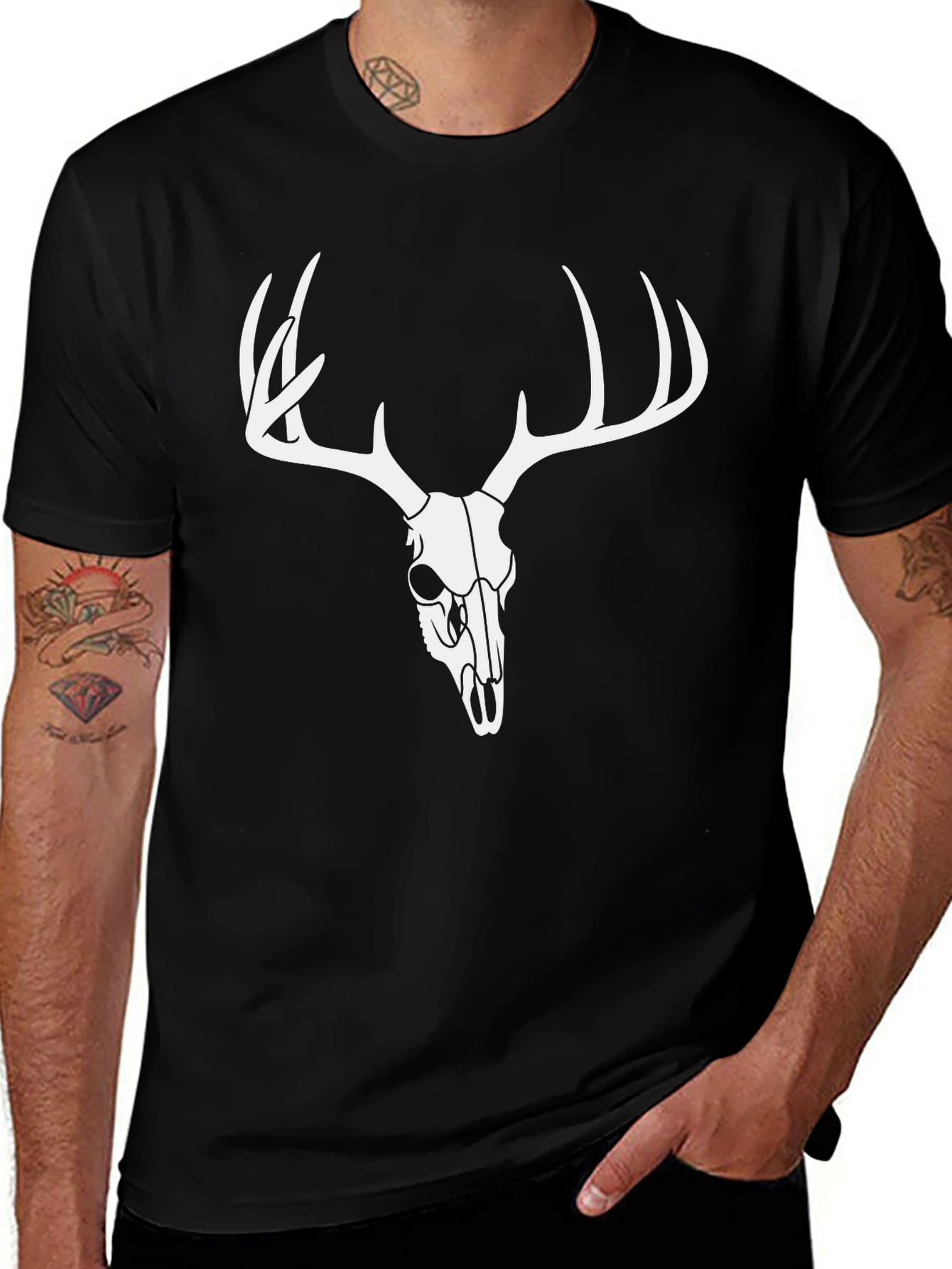 Mens Black Deer Skull Graphic T-Shirt