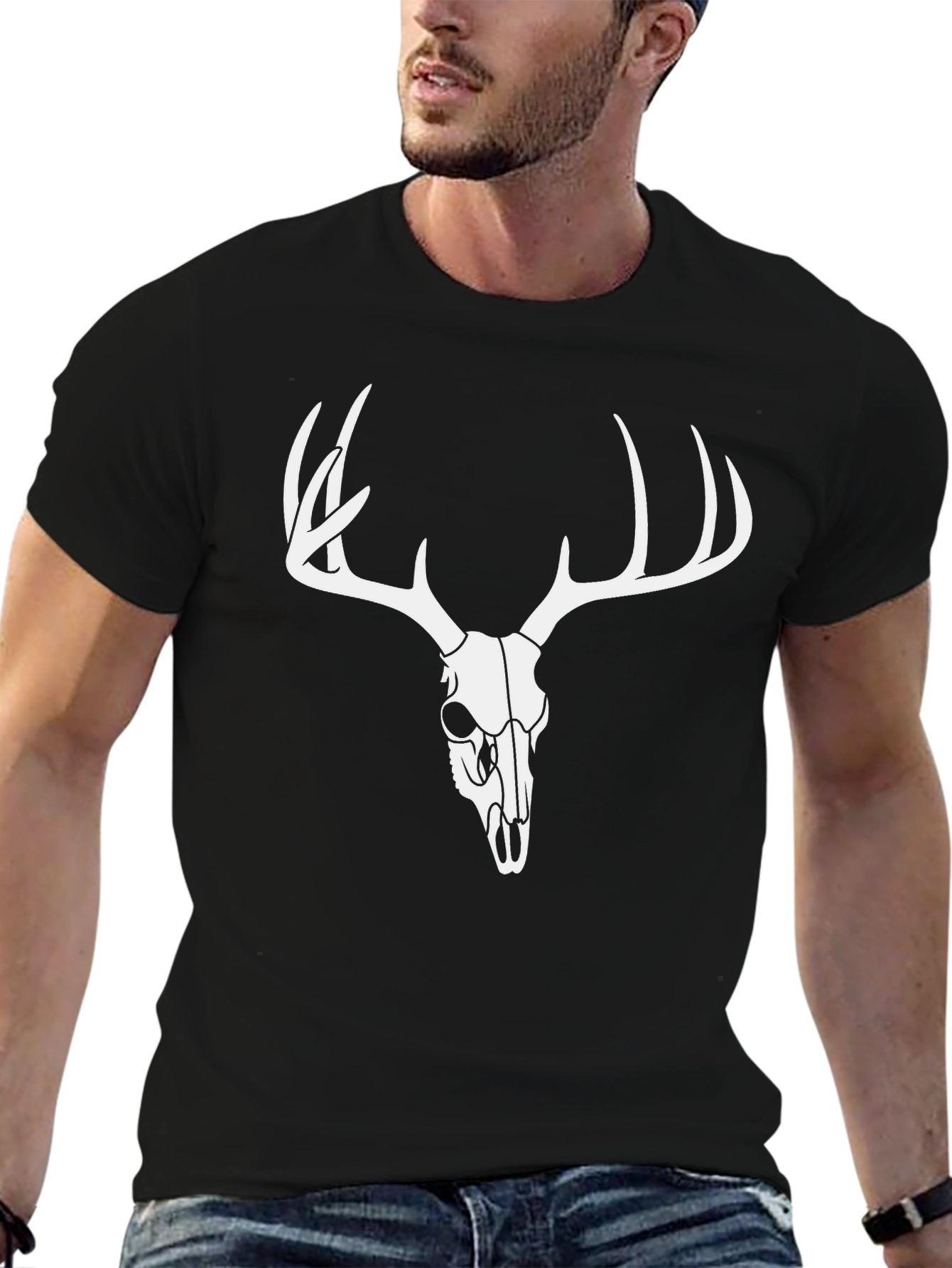Mens Black Deer Skull Graphic T-Shirt