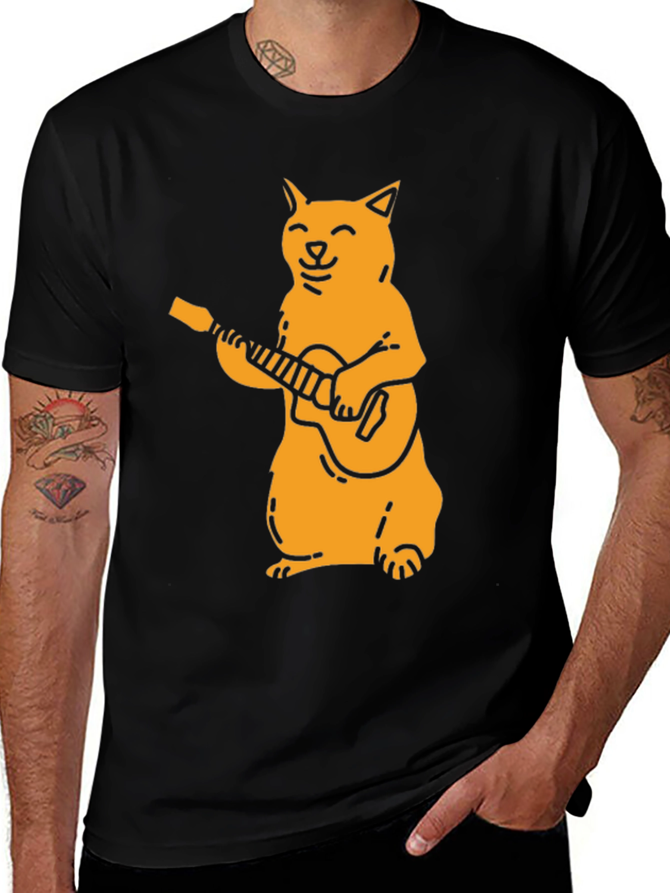 Cat Guitarist Graphic Tee - Black Cotton T-Shirt