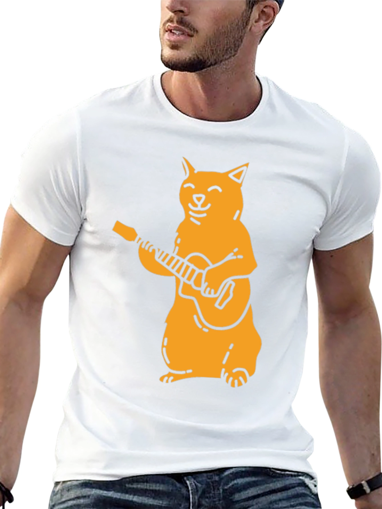 Cat Guitarist Graphic Tee - Black Cotton T-Shirt