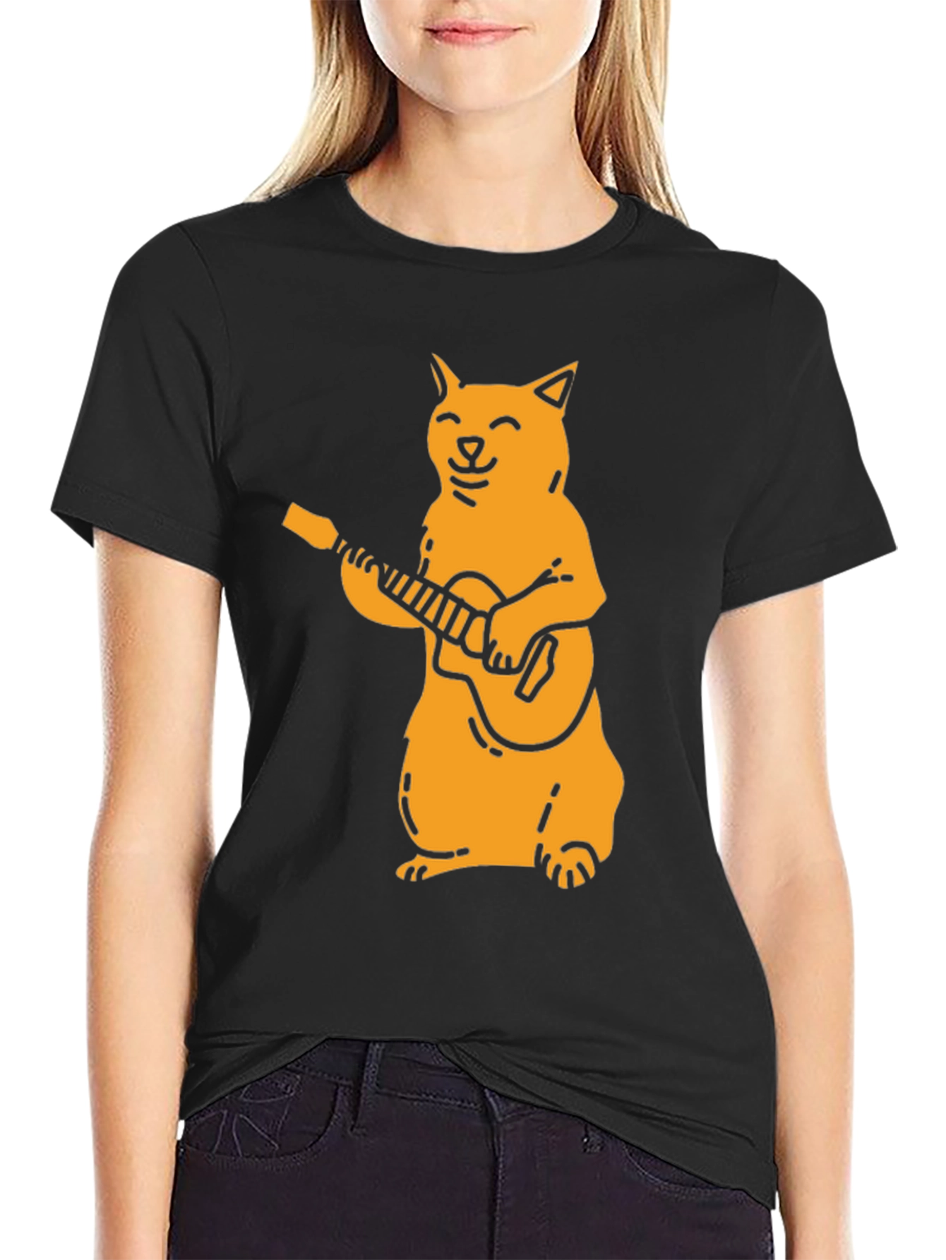 Cat Guitarist Graphic Tee - Black Cotton T-Shirt