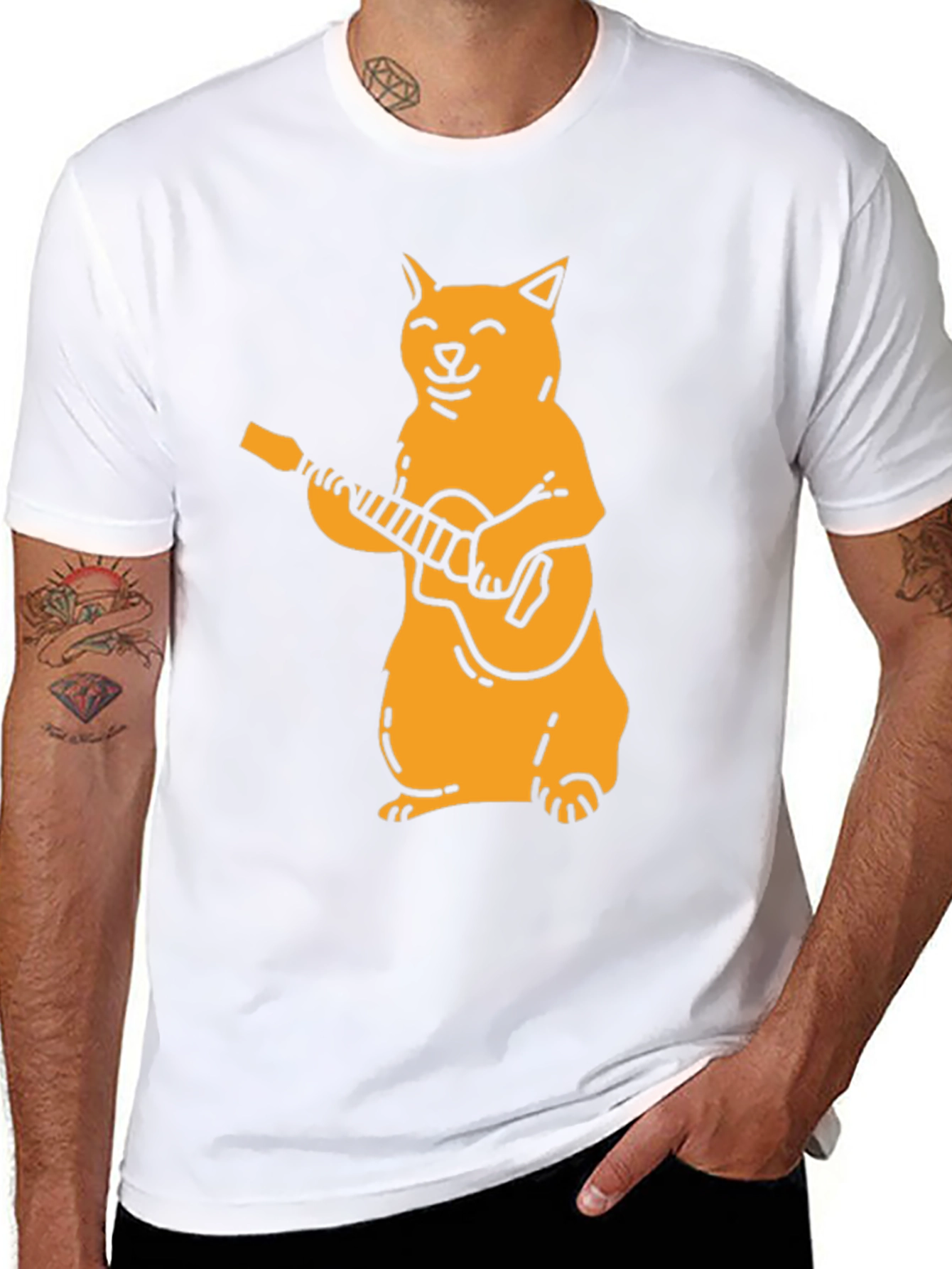 Cat Guitarist Graphic Tee - Black Cotton T-Shirt