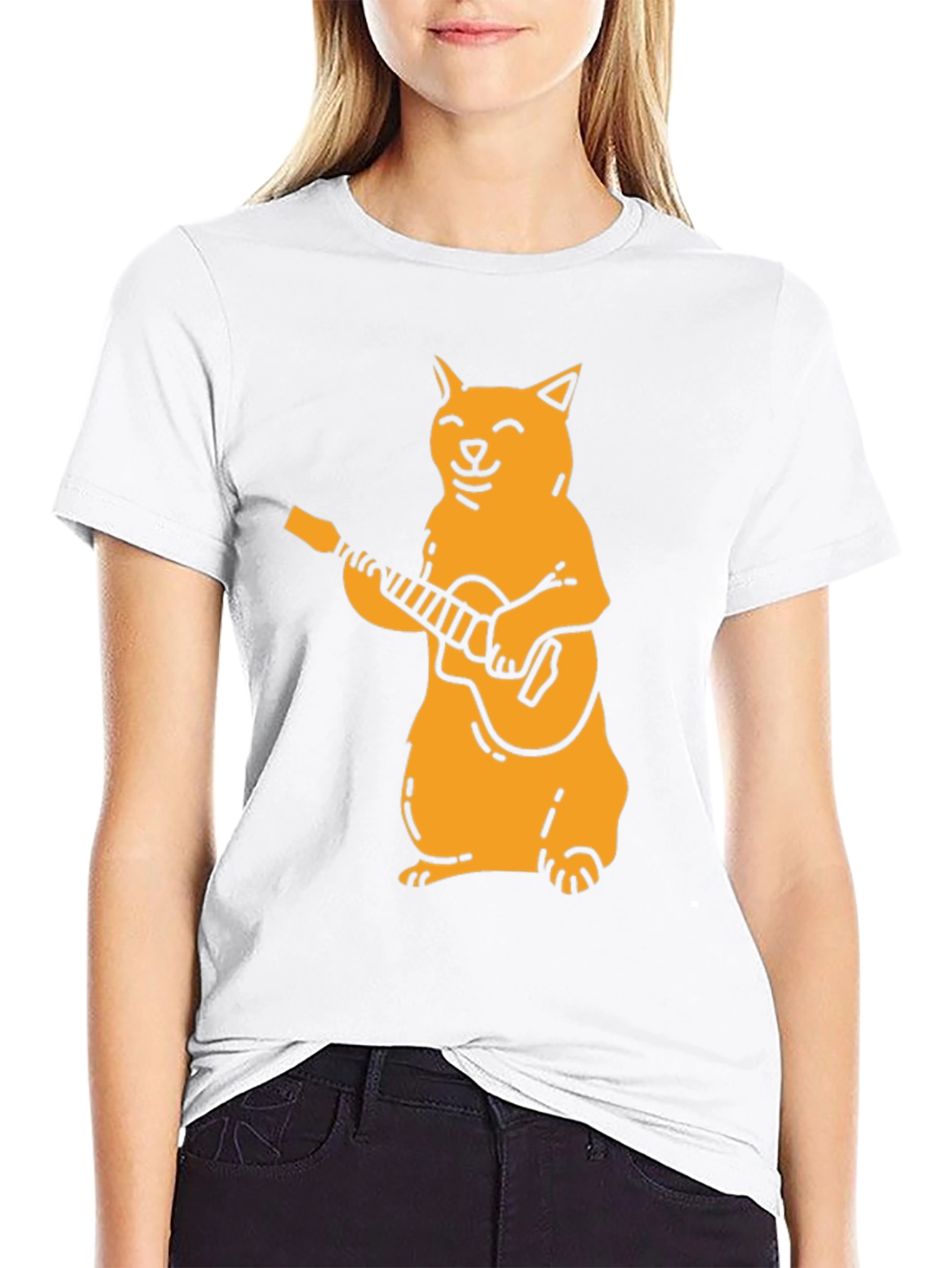 Cat Guitarist Graphic Tee - Black Cotton T-Shirt