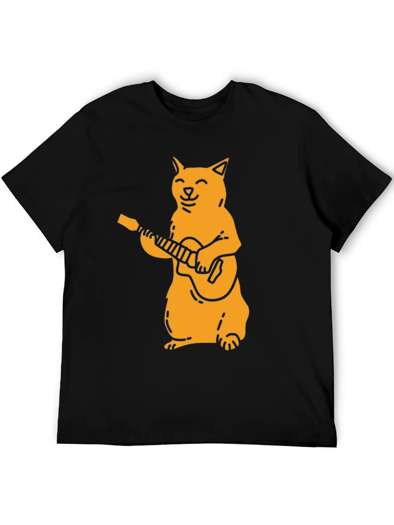 Cat Guitarist Graphic Tee - Black Cotton T-Shirt