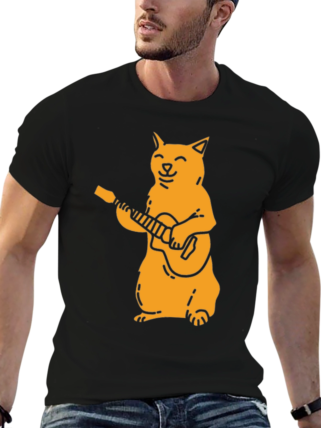 Cat Guitarist Graphic Tee - Black Cotton T-Shirt