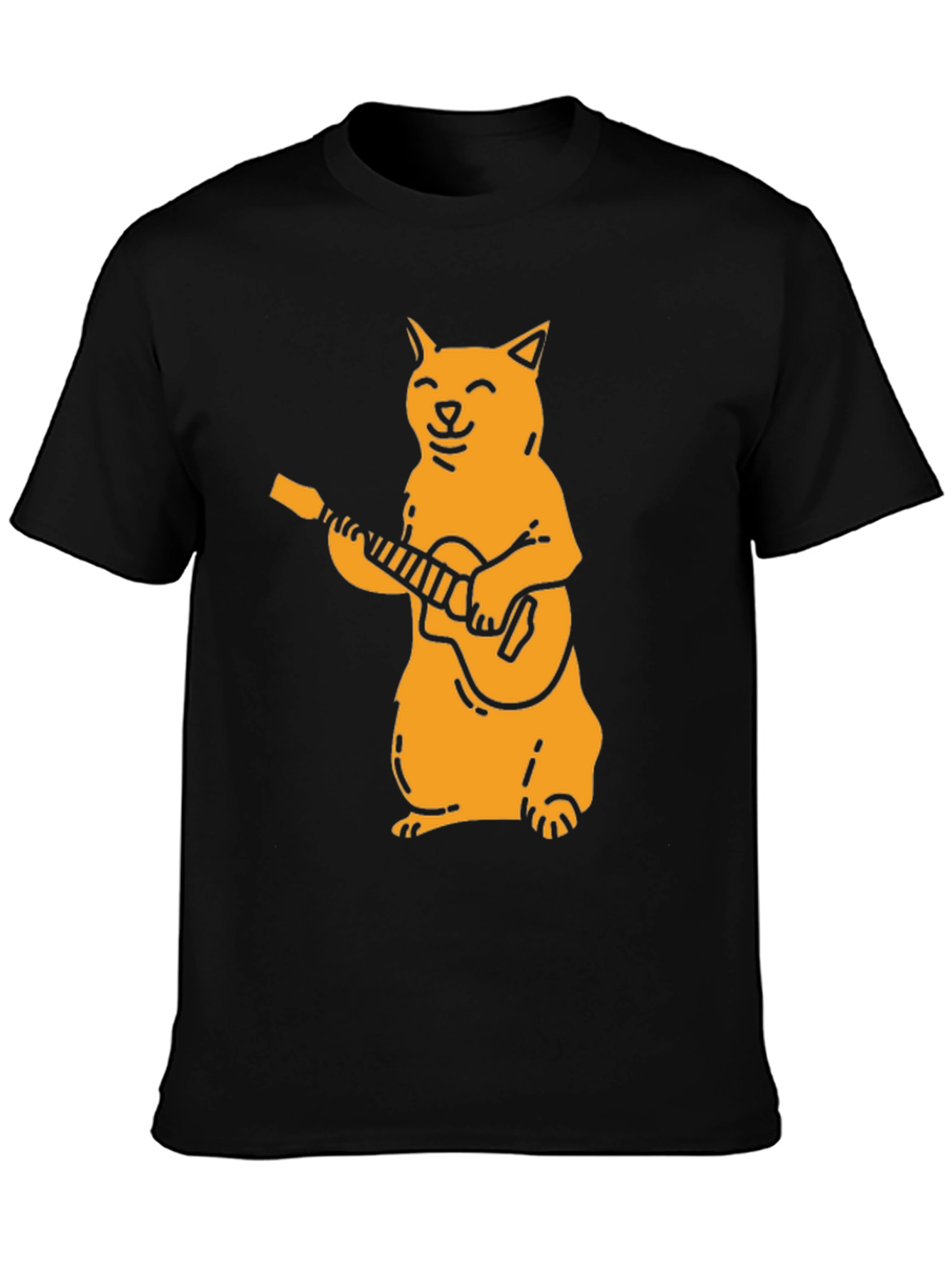 Cat Guitarist Graphic Tee - Black Cotton T-Shirt