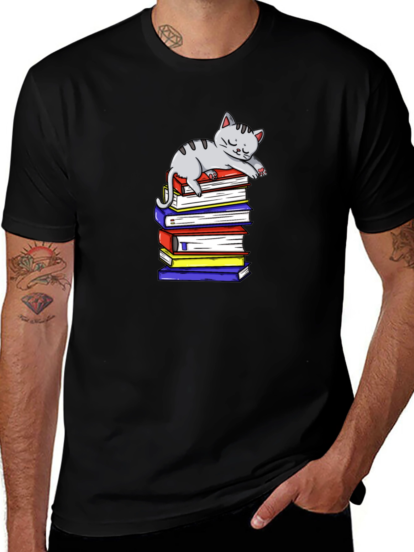 Cute Cat on Books T-Shirt - Book Lover Apparel