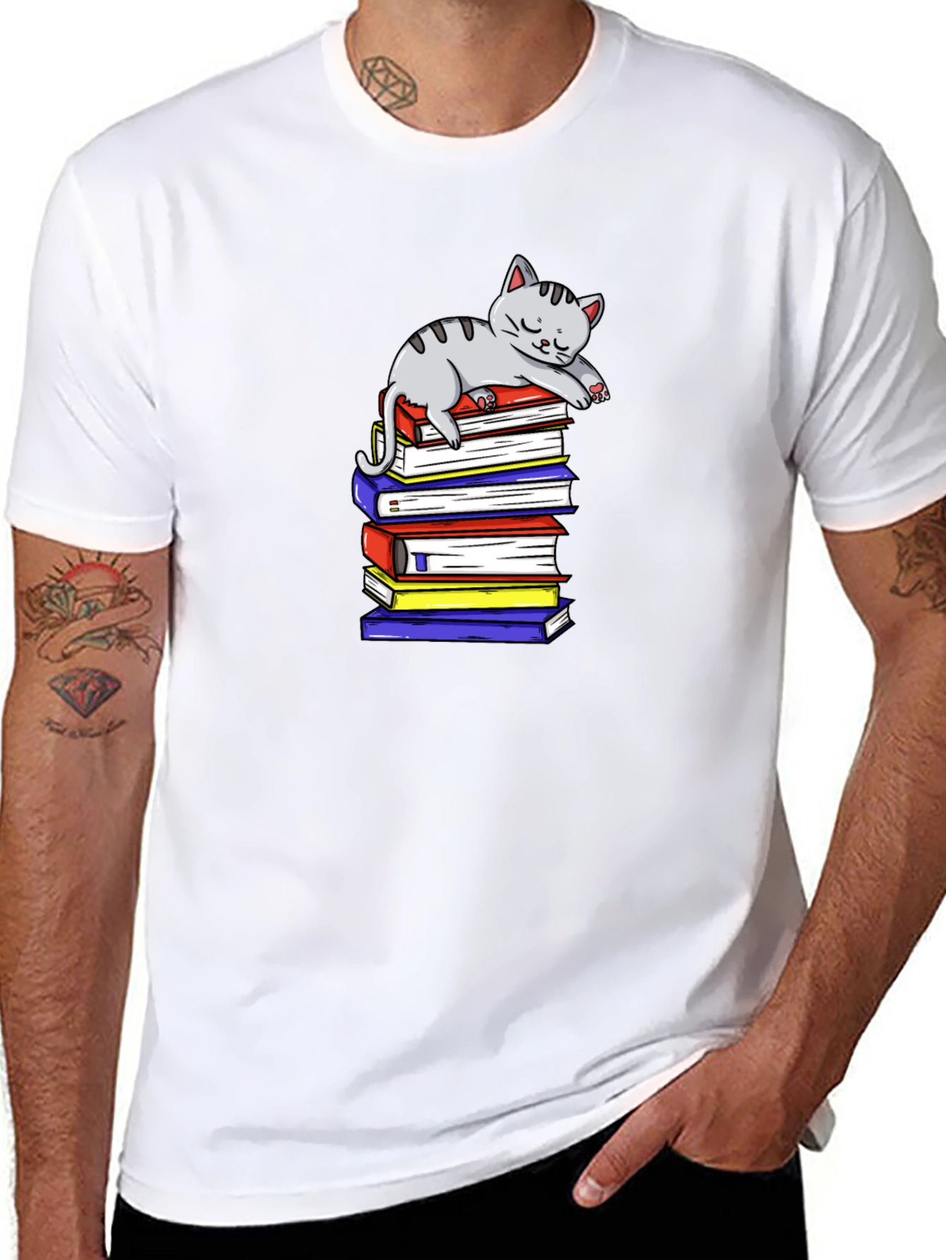 Cute Cat on Books T-Shirt - Book Lover Apparel
