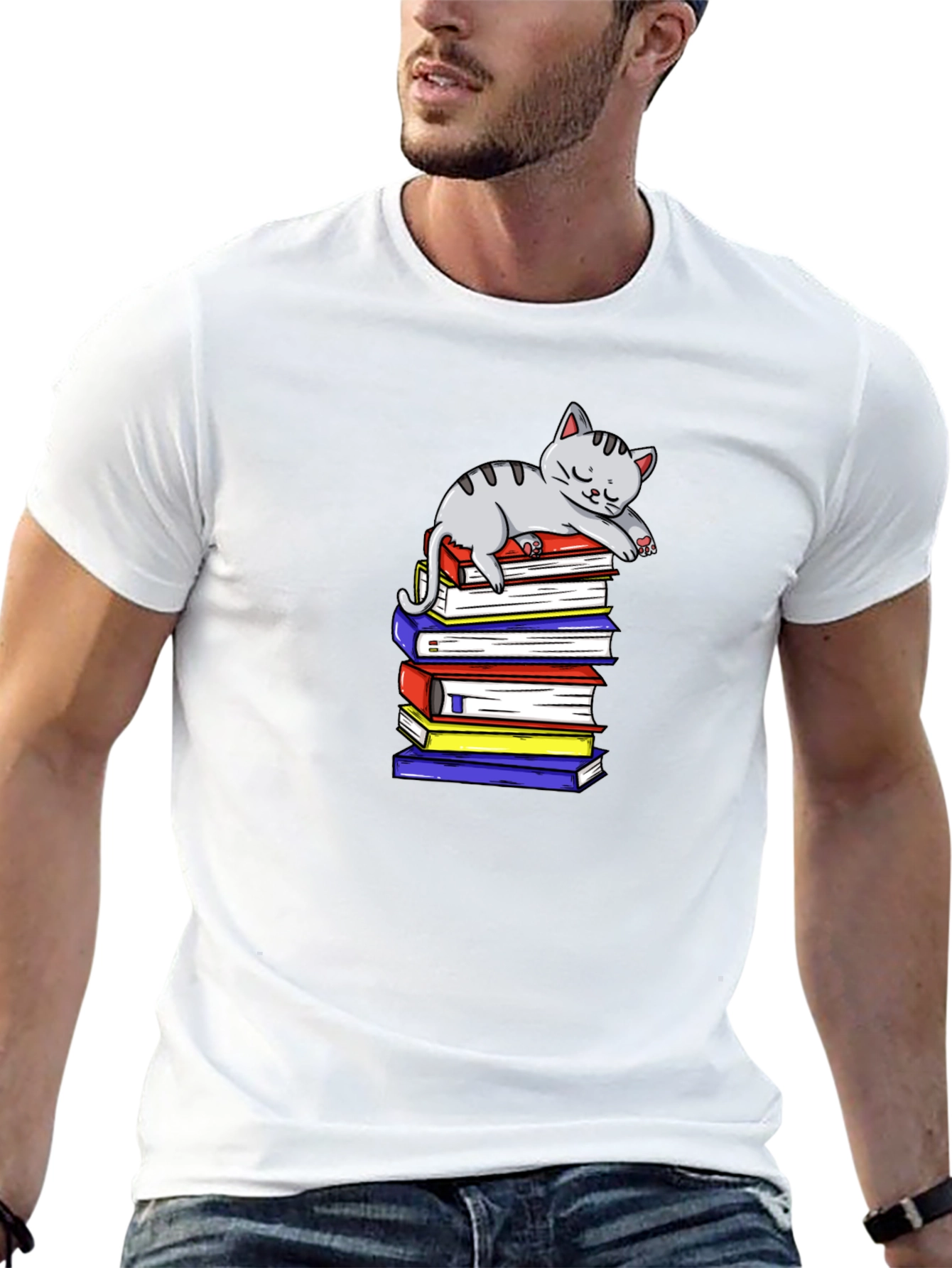 Cute Cat on Books T-Shirt - Book Lover Apparel