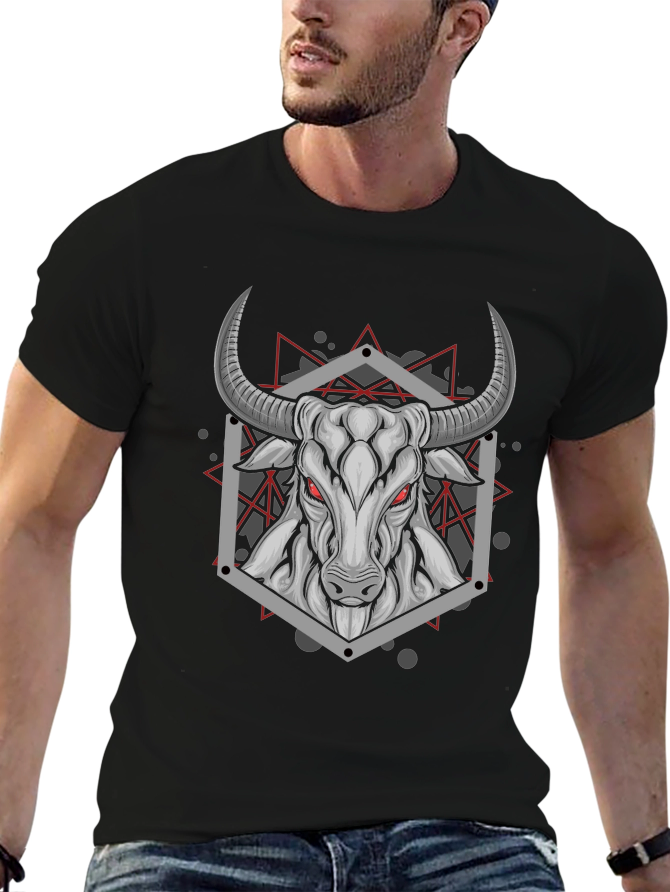 Geometric Bull Graphic Tee - Black
