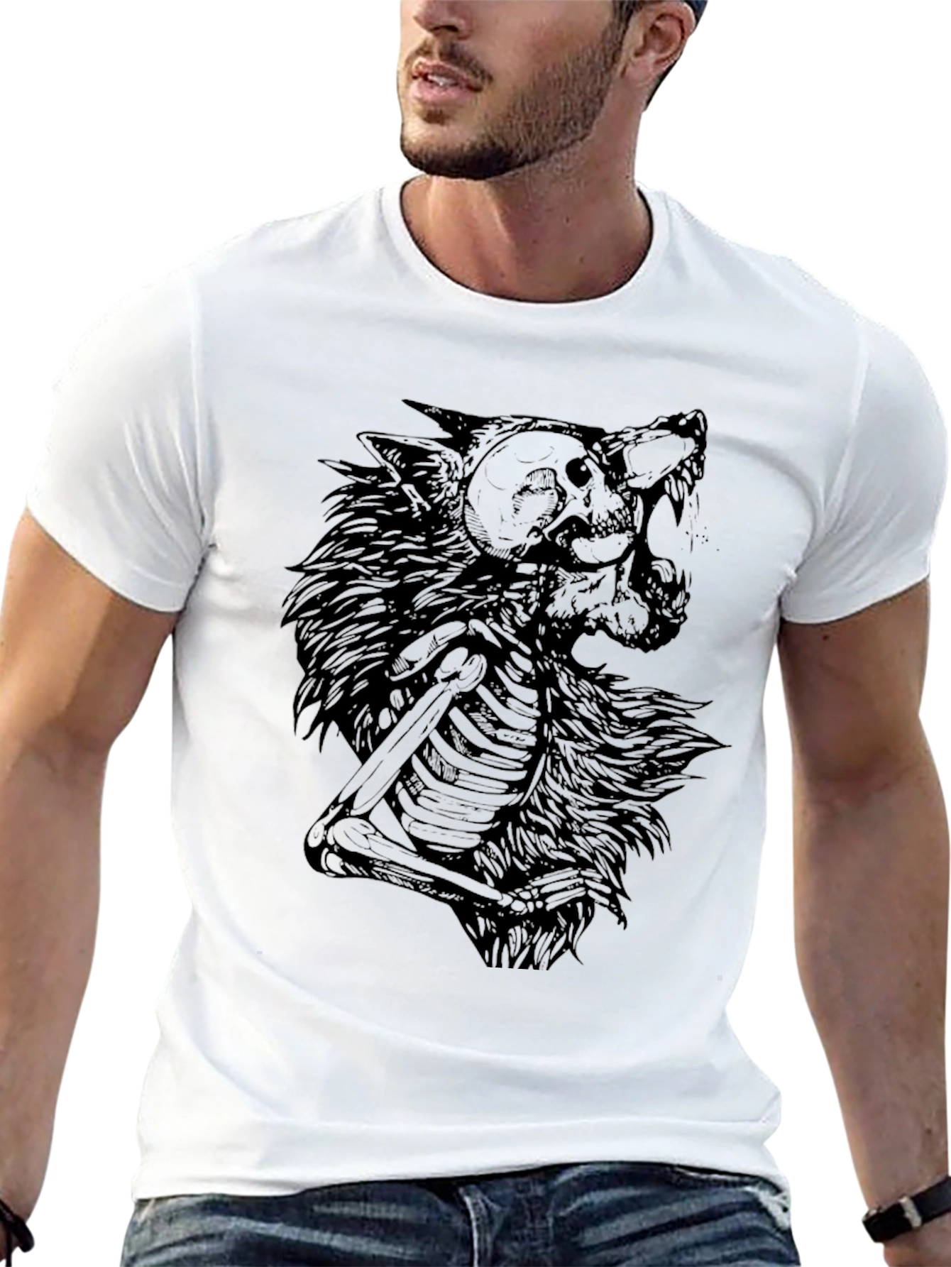 Wolf Skeleton Graphic Print Black T-Shirt